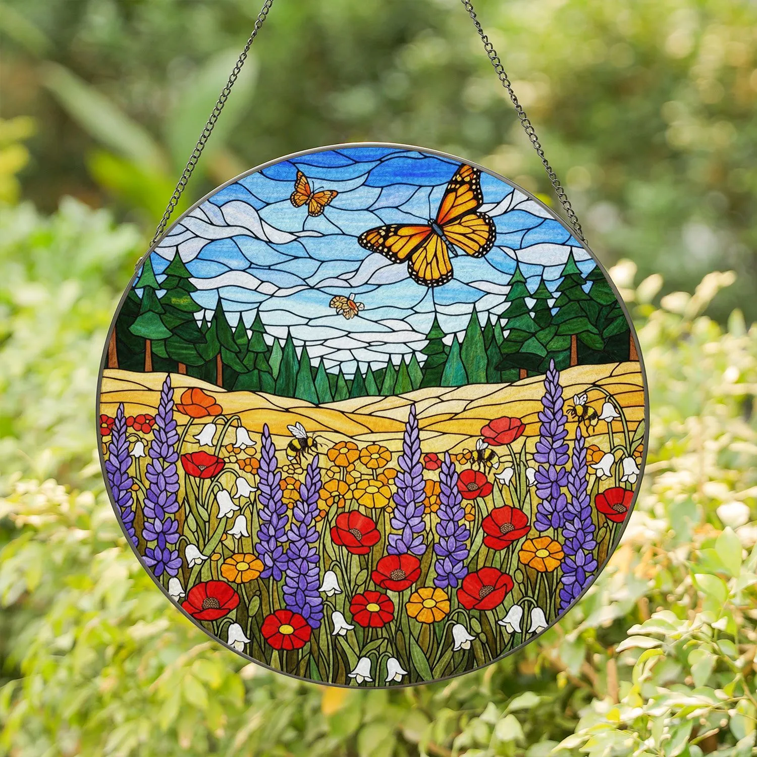 Monarch Butterfly Wildflower Meadow Purple Lupine Red Poppy Tiffany Stained Glass Art Stained Glass Suncatcher - 1