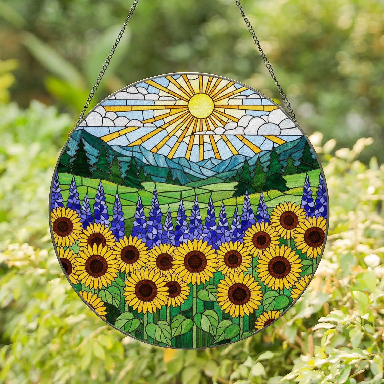 Stained Glass Sunflower Purple Flowers Mountain Sky Cloud Sun - Window Art Decor Stained Glass Suncatcher - 1