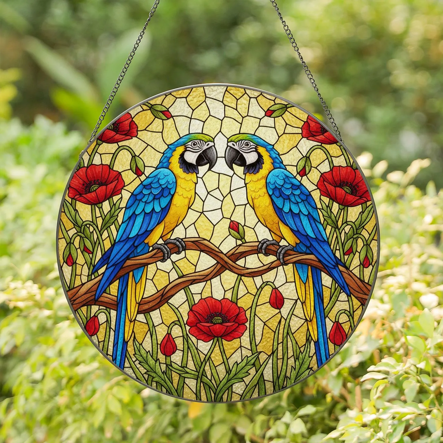 Blue Gold Macaw Parrots Red Poppies Tiffany Stained Glass Mosaic - Luminous Sunlit Art Stained Glass Suncatcher - 1