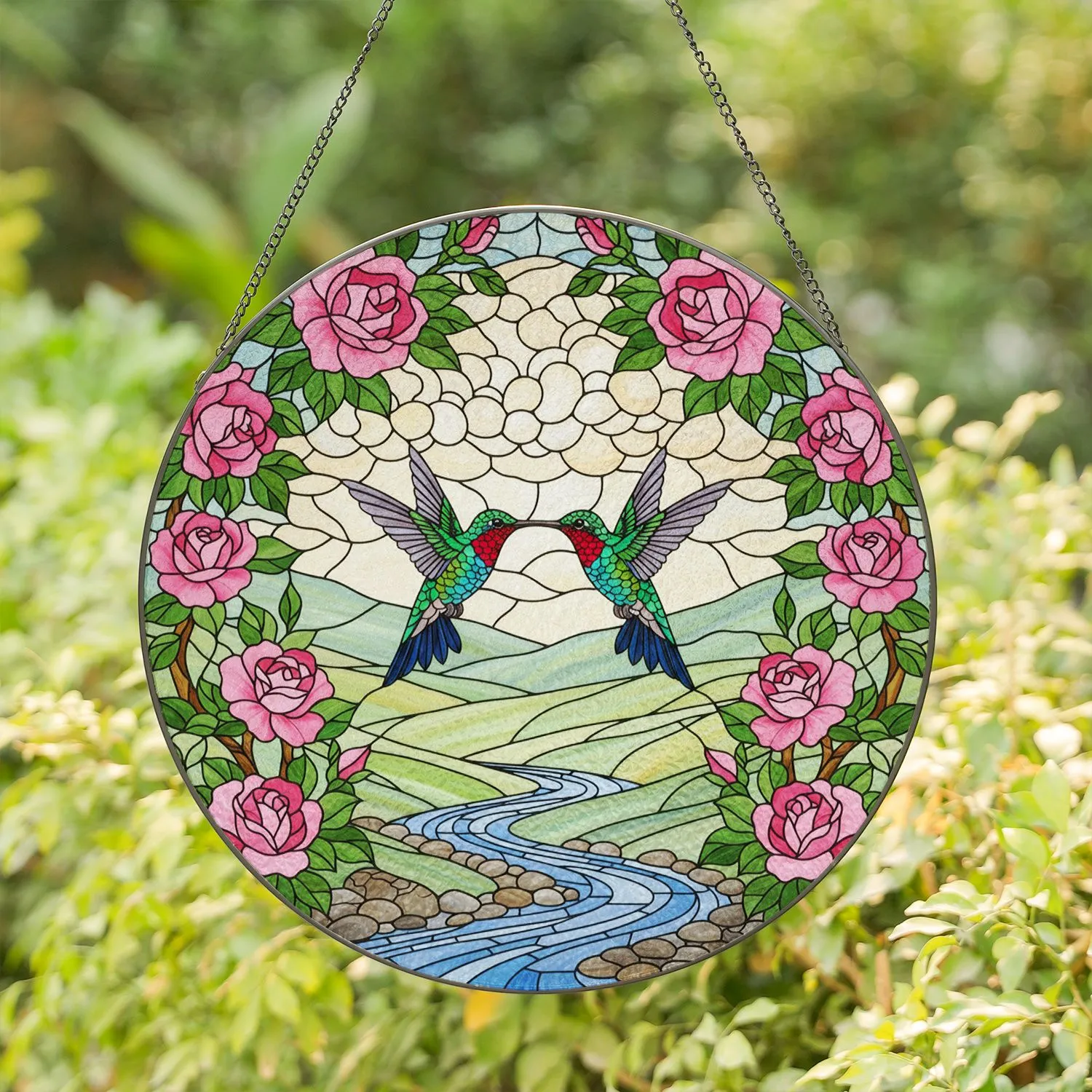 Hummingbird Rose River Landscape - Tiffany Stained Glass Green Blue Pink Red Nature Decor Stained Glass Suncatcher - 1