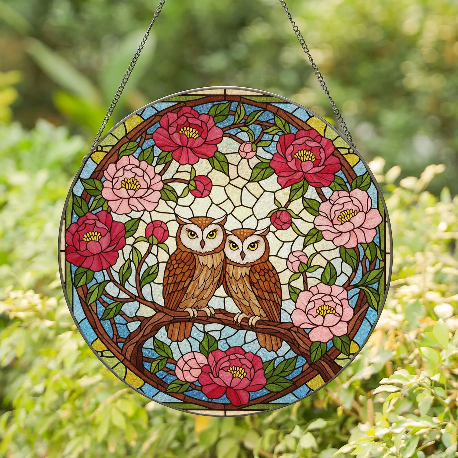 Glowing Tawny Brown Owls Pink Peony Flowers Dappled Light Tiffany Glass Mosaic Stained Glass Suncatcher - 1