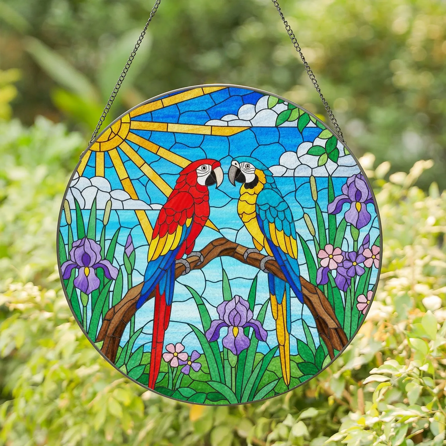 Stained Glass Macaw Birds, Irises, Sun & Sky - Tiffany Style Jewel Tone Tropical Art Stained Glass Suncatcher - 1