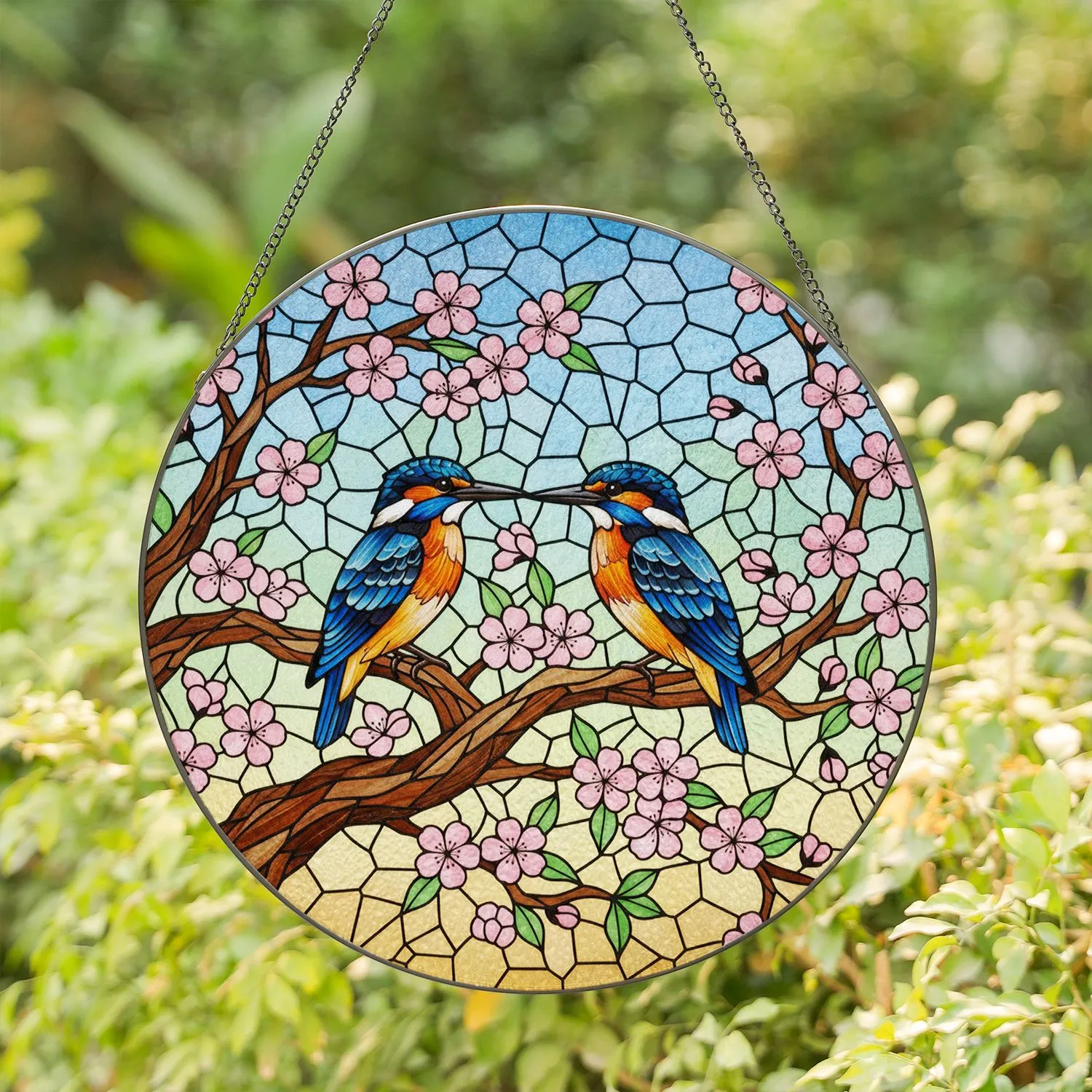 Two Kingfisher Birds Cherry Blossoms Tree Branch Tiffany Stained Glass Mosaic Art Stained Glass Suncatcher - 1