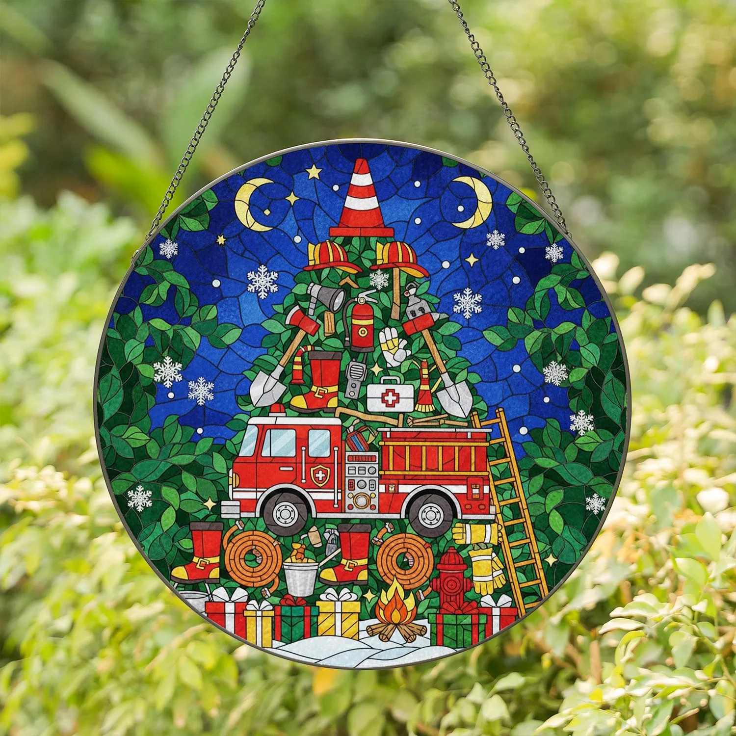 Stained Glass Firefighter Christmas Tree Holiday Winter Wonderland - Gift for Firefighters Stained Glass Suncatcher - 1