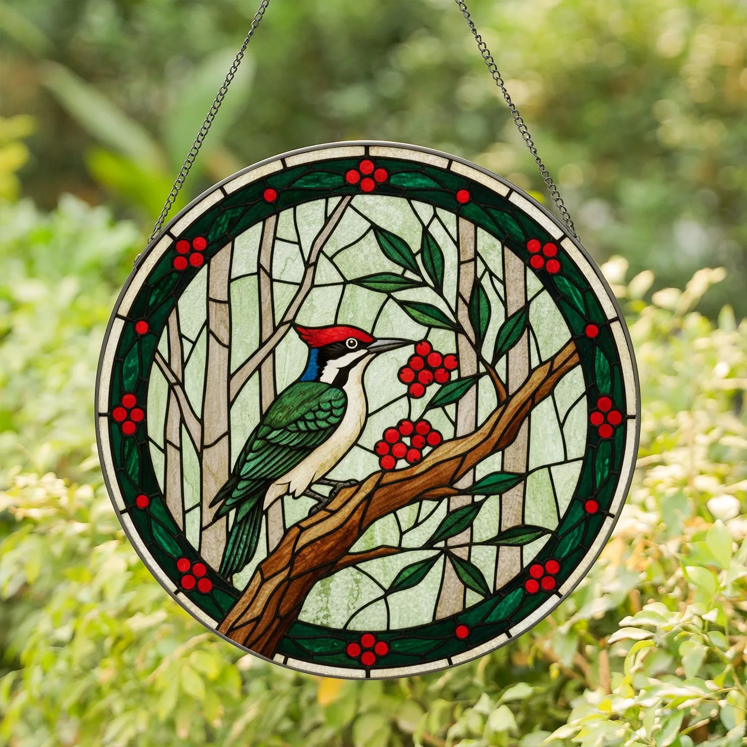 Vibrant Woodpecker Bird Red Berries Green Leaves Tree Branch Tiffany Stained Glass Art Stained Glass Suncatcher - 1