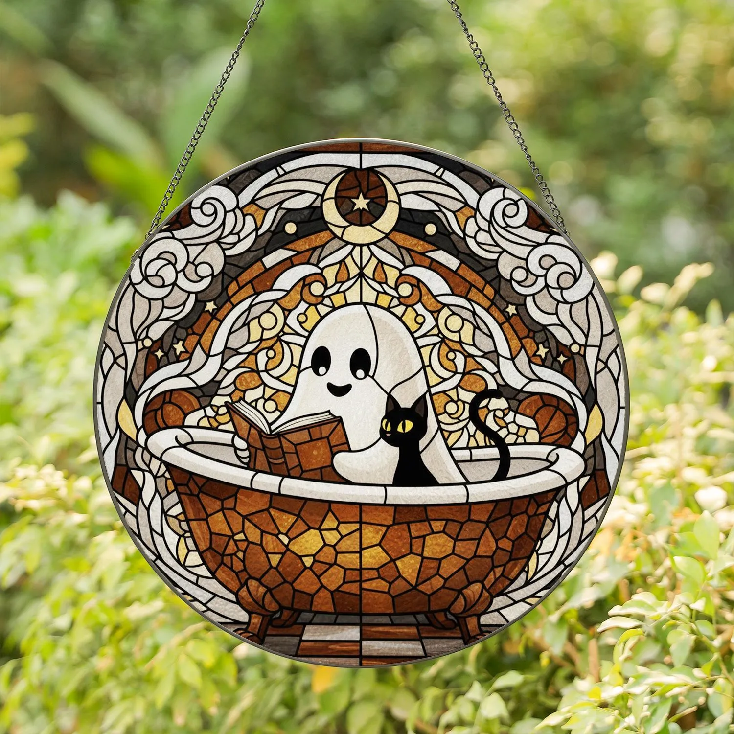 Friendly Ghost Black Cat Bathtub Reading - Tiffany Stained Glass Celestial Mosaic Art Stained Glass Suncatcher - 1