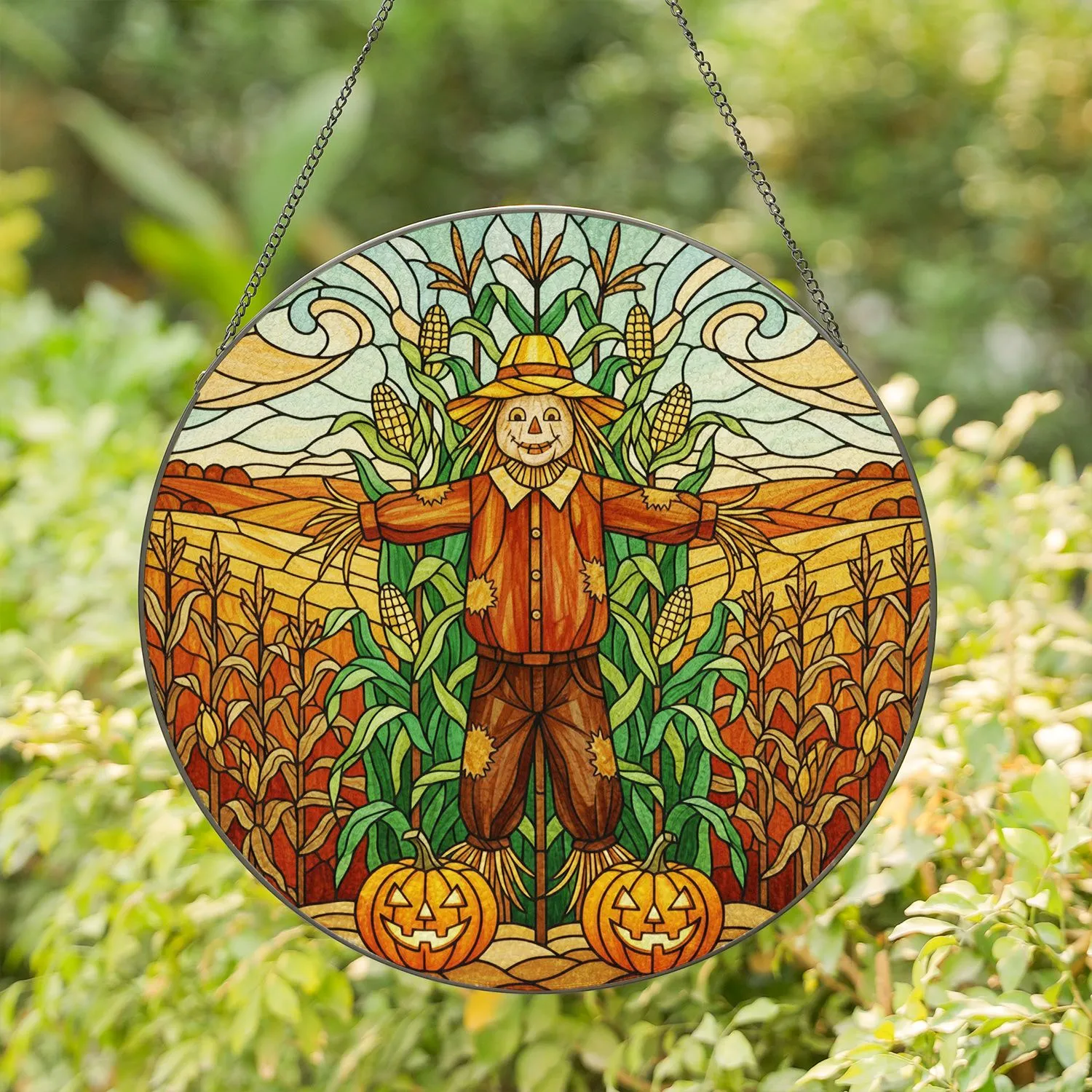 Intricate Scarecrow Jack-o'-Lantern Stained Glass Autumn Cornfield - Fall Harvest Stained Glass Suncatcher - 1