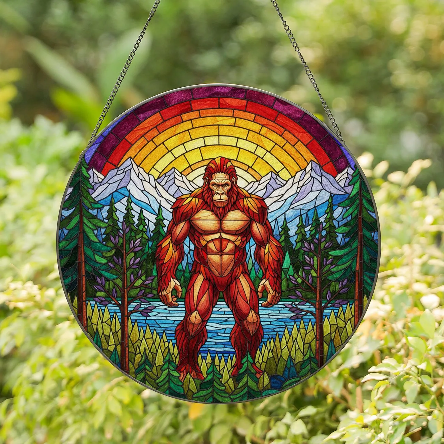 Bigfoot Sasquatch Stained Glass Mountain Sunset Forest Art - Jewel Tone Tiffany Style Stained Glass Suncatcher - 1