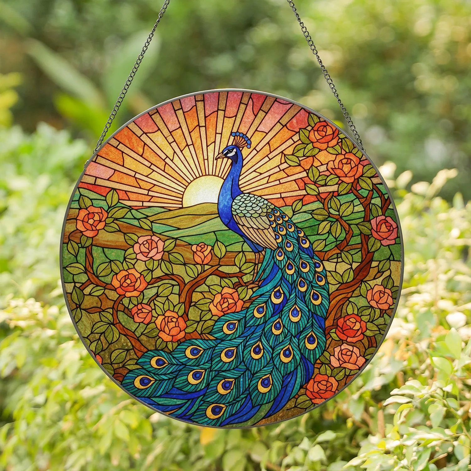 Majestic Peacock Fanned Tail Stained Glass Tiffany Style Art - Orange Roses Window Decor Stained Glass Suncatcher - 1