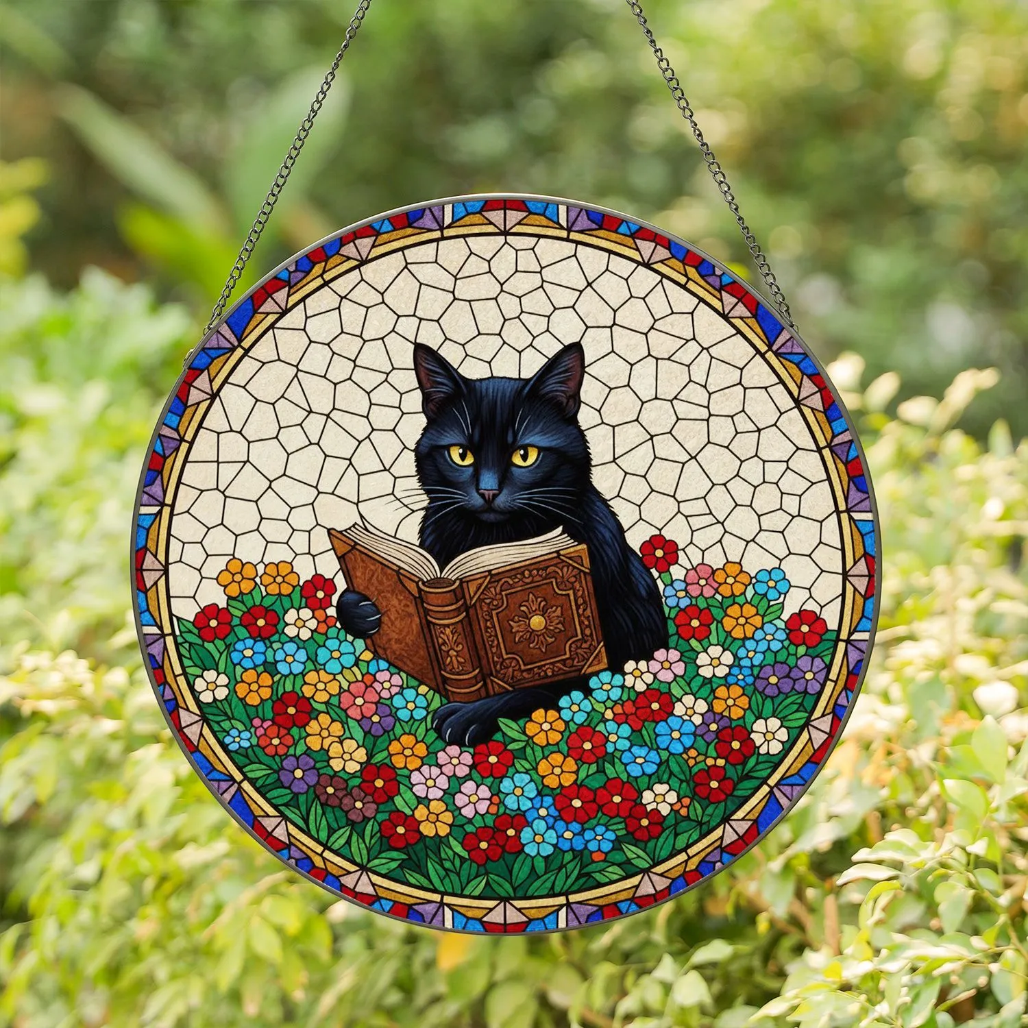 Black Cat Reading Book Stained Glass Window Art - Tiffany Jewel Tone Floral Mosaic Stained Glass Suncatcher - 1