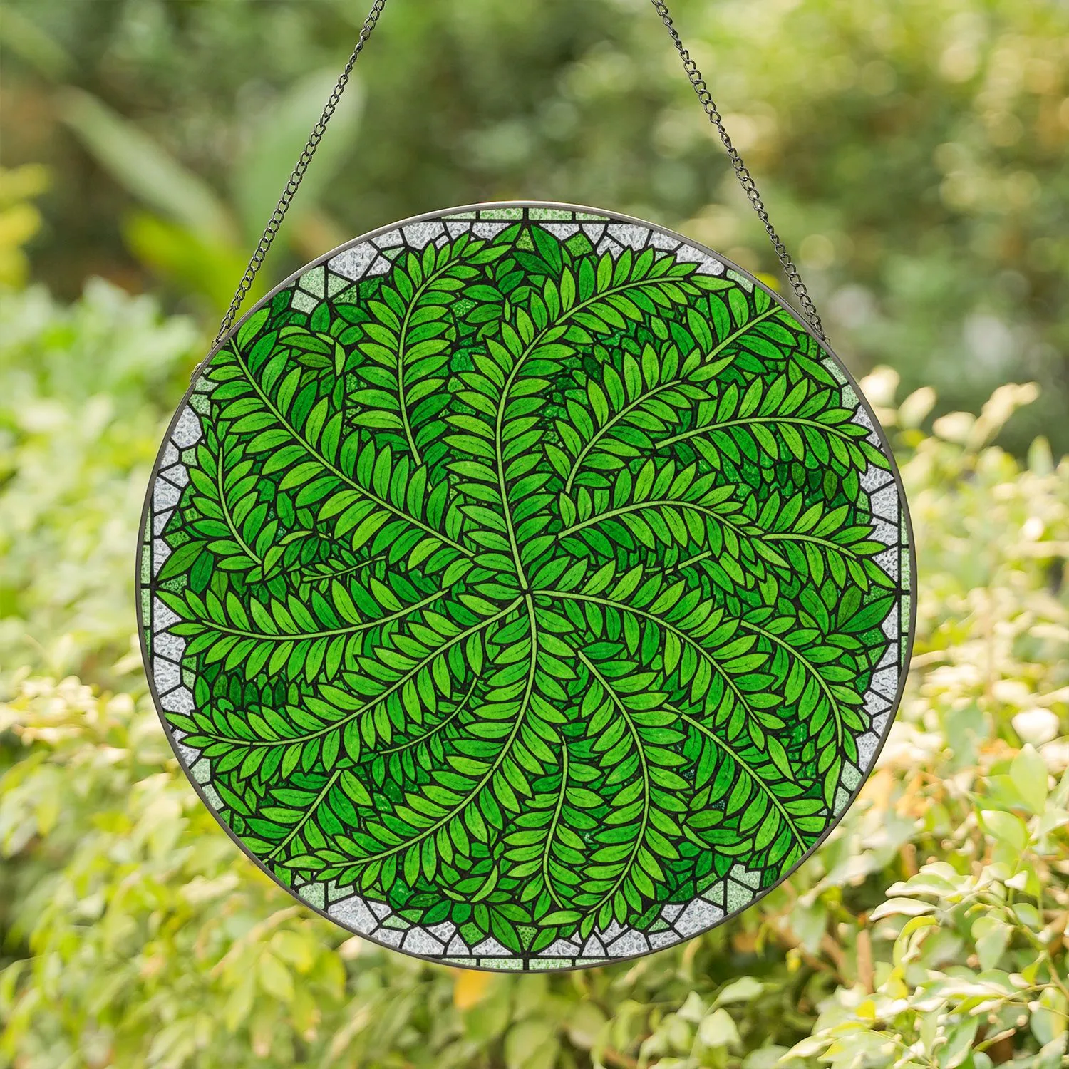Stained Glass Fern Fronds - Tiffany Style Emerald Green Mosaic Intricate Nature Leaf Stained Glass Suncatcher - 1