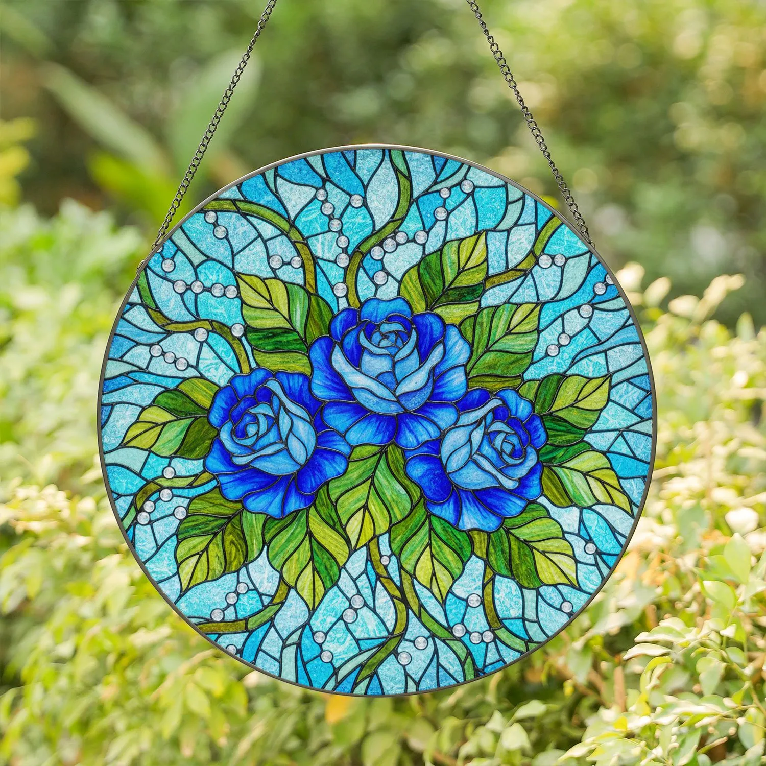 Tiffany Style Blue Roses Stained Glass Mosaic Art - Intricate Floral Design Stained Glass Suncatcher - 1