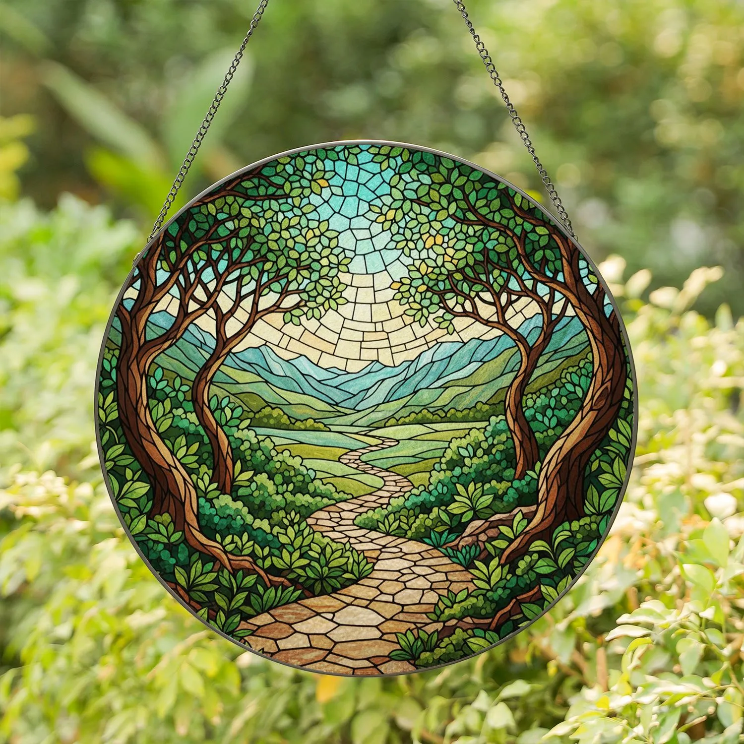 Tiffany Jewel Tone Stone Pathway Forest Landscape - Mountain Vista Bright Sky Stained Glass Suncatcher - 1