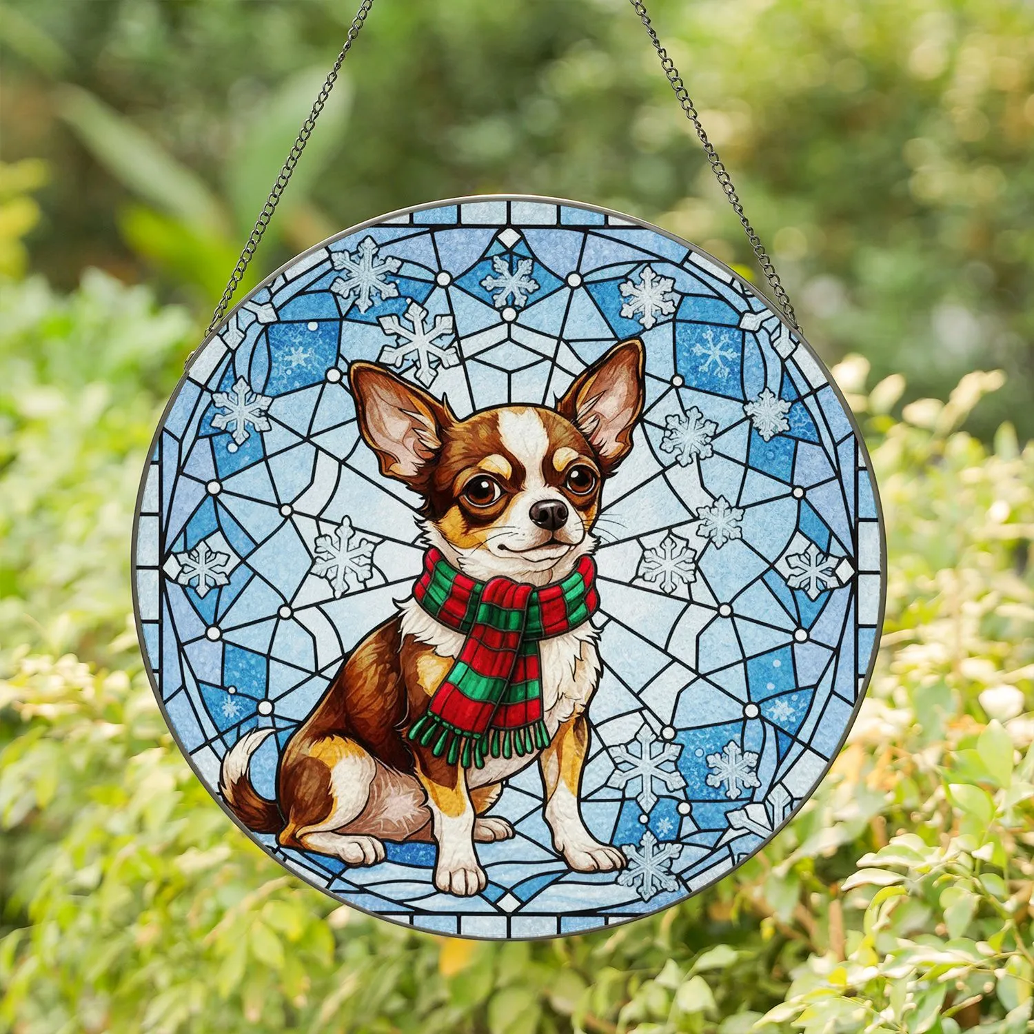 Chihuahua Dog Stained Glass Winter Snowflakes Art - Festive Ruby Emerald Holiday Gift Decor Stained Glass Suncatcher - 1