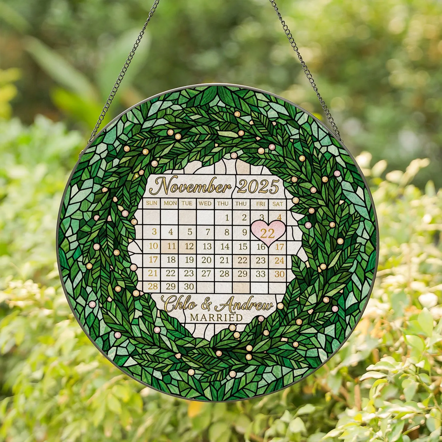 November 2025 Calendar Chloe & Andrew Married Stained Glass - Wedding Date Keepsake Stained Glass Suncatcher - 1