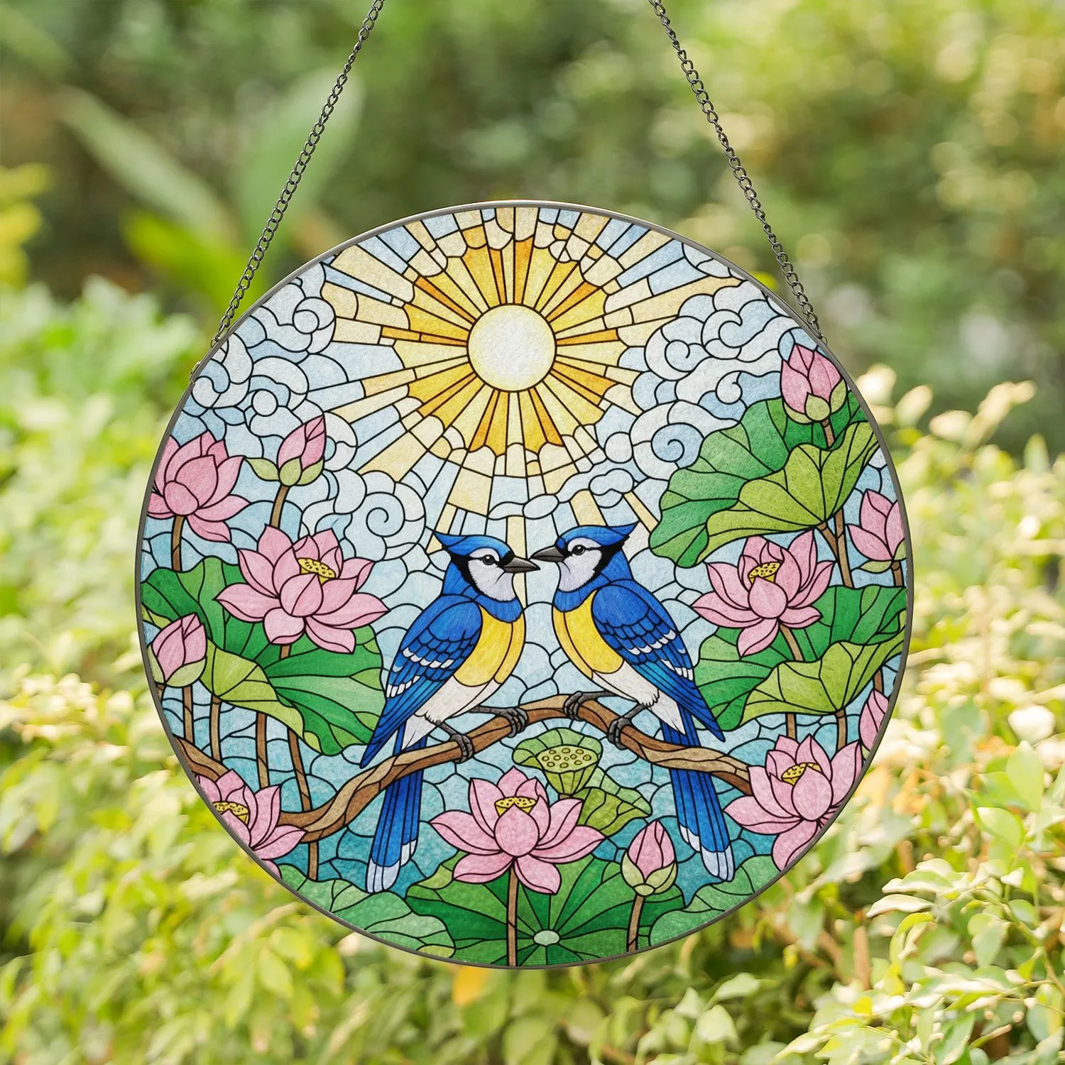 Two Blue Jays Pink Lotus Flowers Tiffany Stained Glass Radiant Sunburst Nature Art Stained Glass Suncatcher - 1