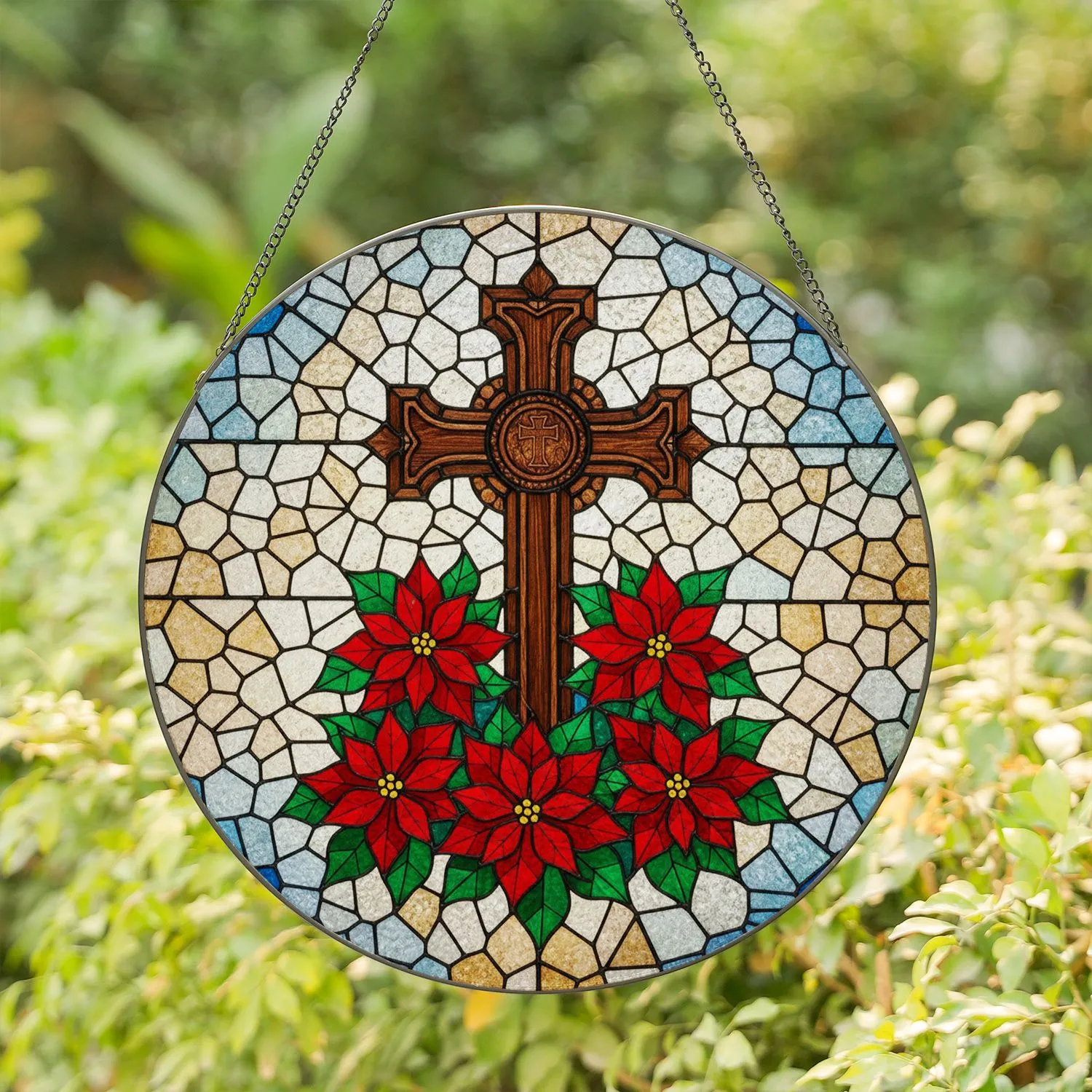 Wooden Cross Poinsettia Stained Glass Mosaic Tiffany Jewel Tone - Christmas Holiday Gift Stained Glass Suncatcher - 1