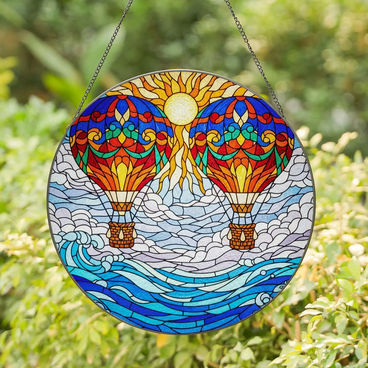 Detailed Tiffany Stained Glass Hot Air Balloons Sun Clouds Water Mosaic Jewel Tones Stained Glass Suncatcher - 1
