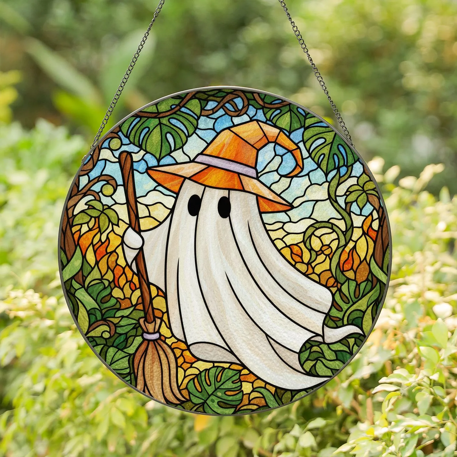 Friendly Cartoon Ghost Witch Hat Broom - Colorful Stained Glass Green Foliage Mosaic Art Stained Glass Suncatcher - 1