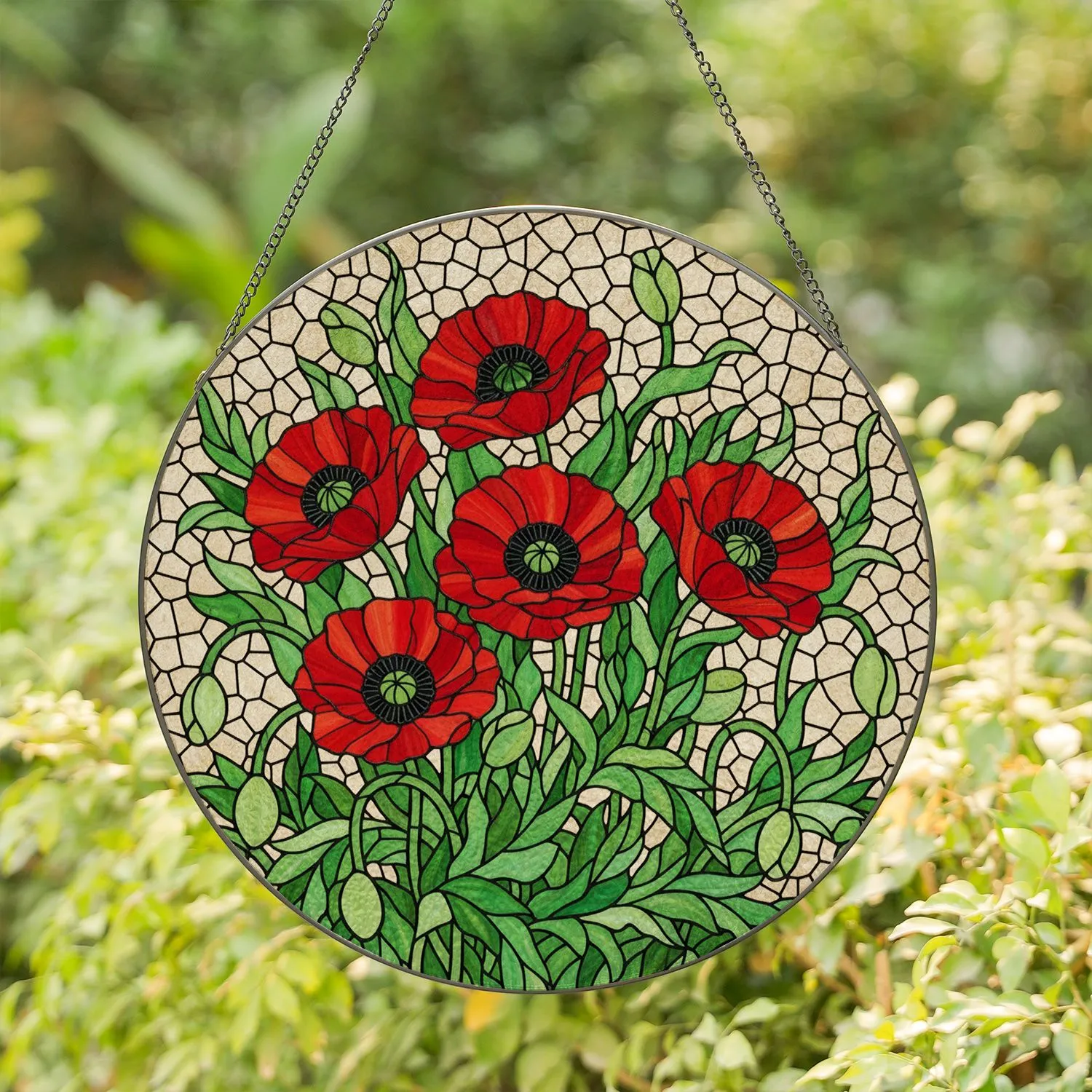 Red Poppies Tiffany Stained Glass Mosaic Flower Art with Lush Green Foliage & Buds Stained Glass Suncatcher - 1