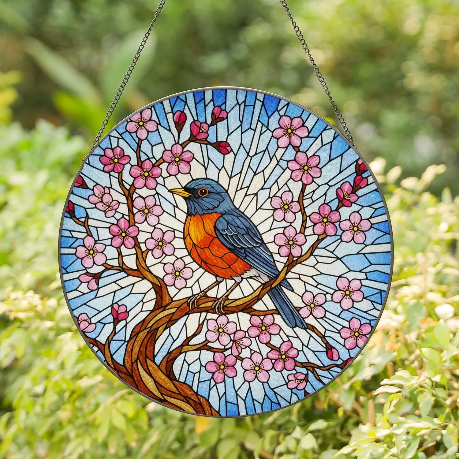 American Robin Cherry Blossom Stained Glass Art - Tiffany Inspired Bird Window Decor Stained Glass Suncatcher - 1