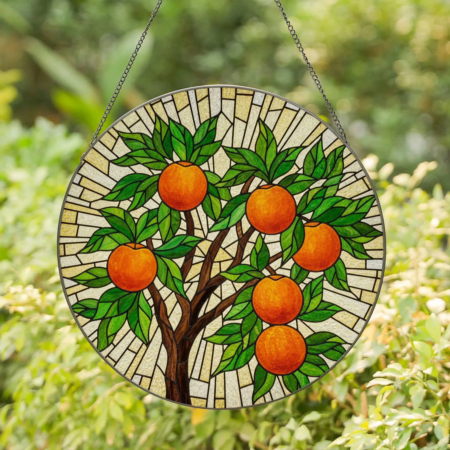 Orange Tree Stained Glass - Jewel Tones Mosaic Oranges & Emerald Leaves Garden Art Stained Glass Suncatcher - 1