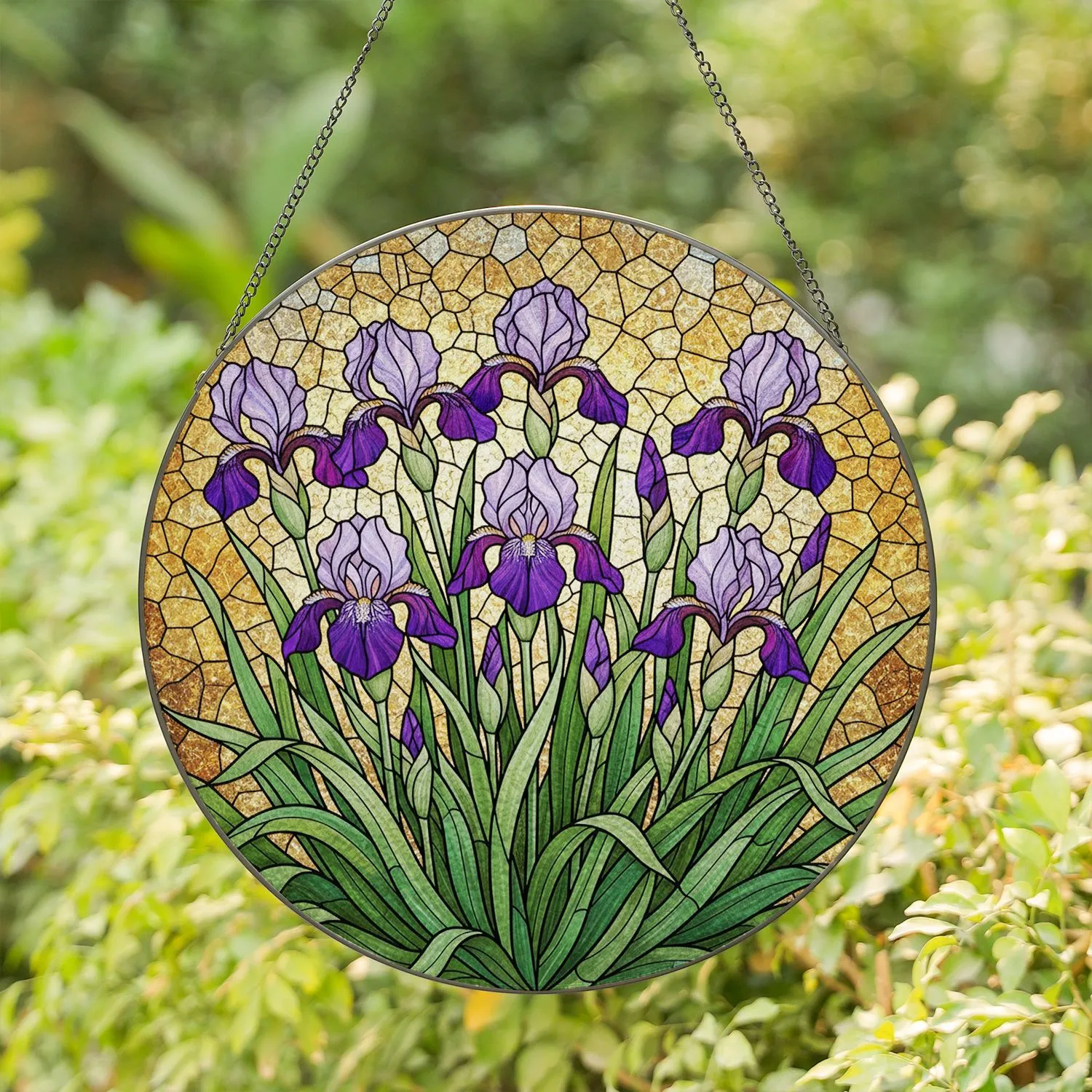 Vibrant Stained Glass Irises Tiffany Style Abstract Mosaic Art Glowing Jewel Tones Stained Glass Suncatcher - 1