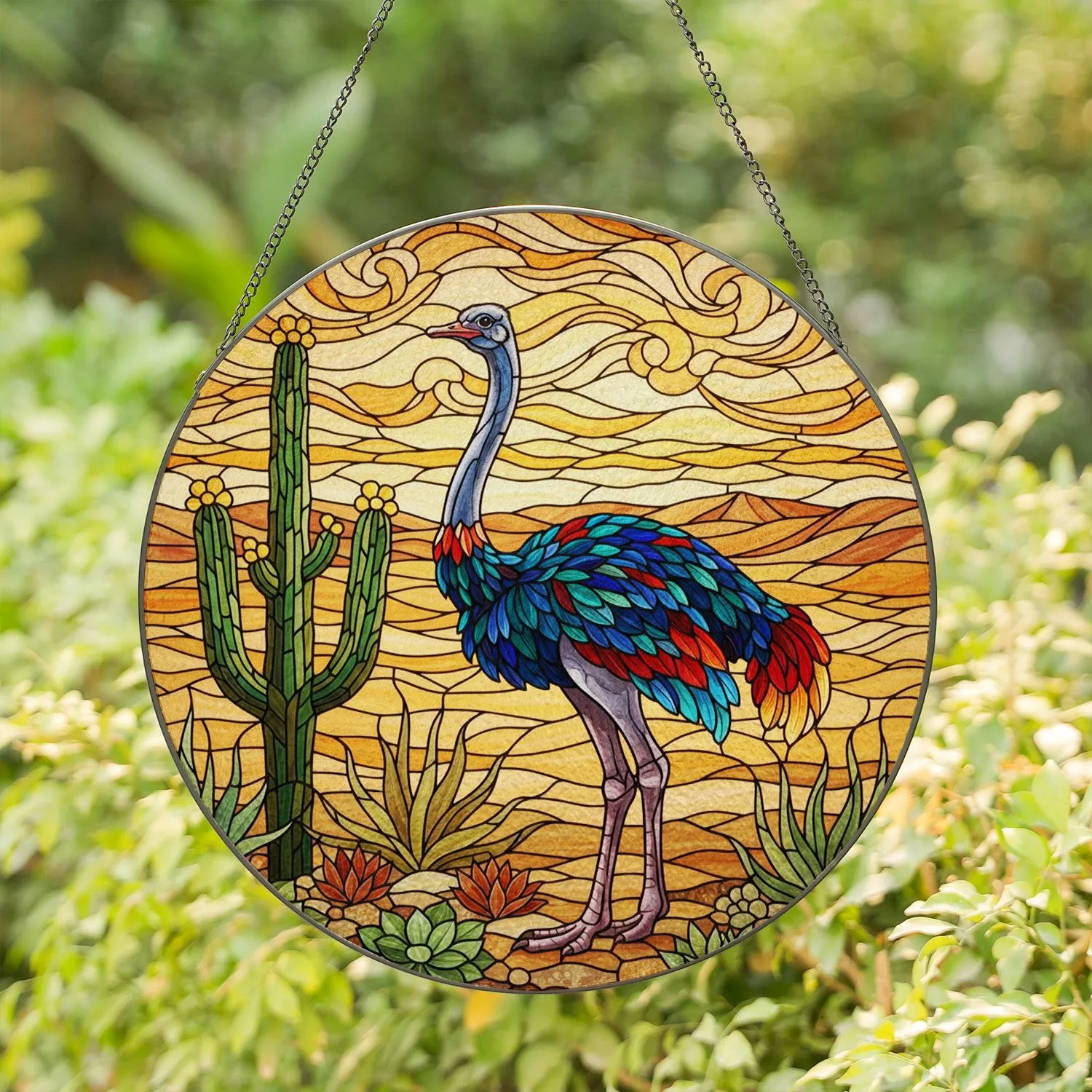 Majestic Ostrich Stained Glass Desert Landscape Saguaro Cactus Succulents Sand Dunes Stained Glass Suncatcher - 1