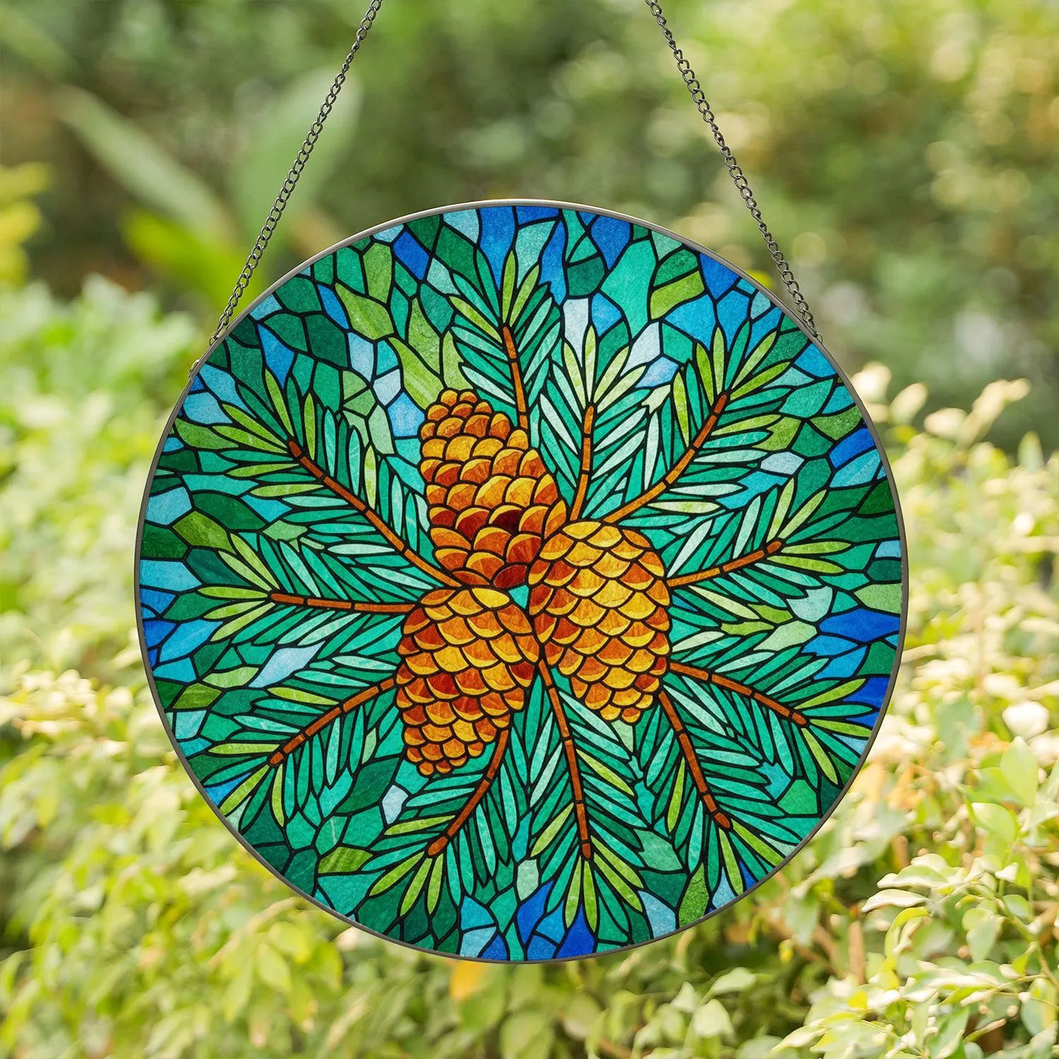 Pinecones Pine Needles - Tiffany Style Forest Nature Stained Glass Window Decor Gift Stained Glass Suncatcher - 1