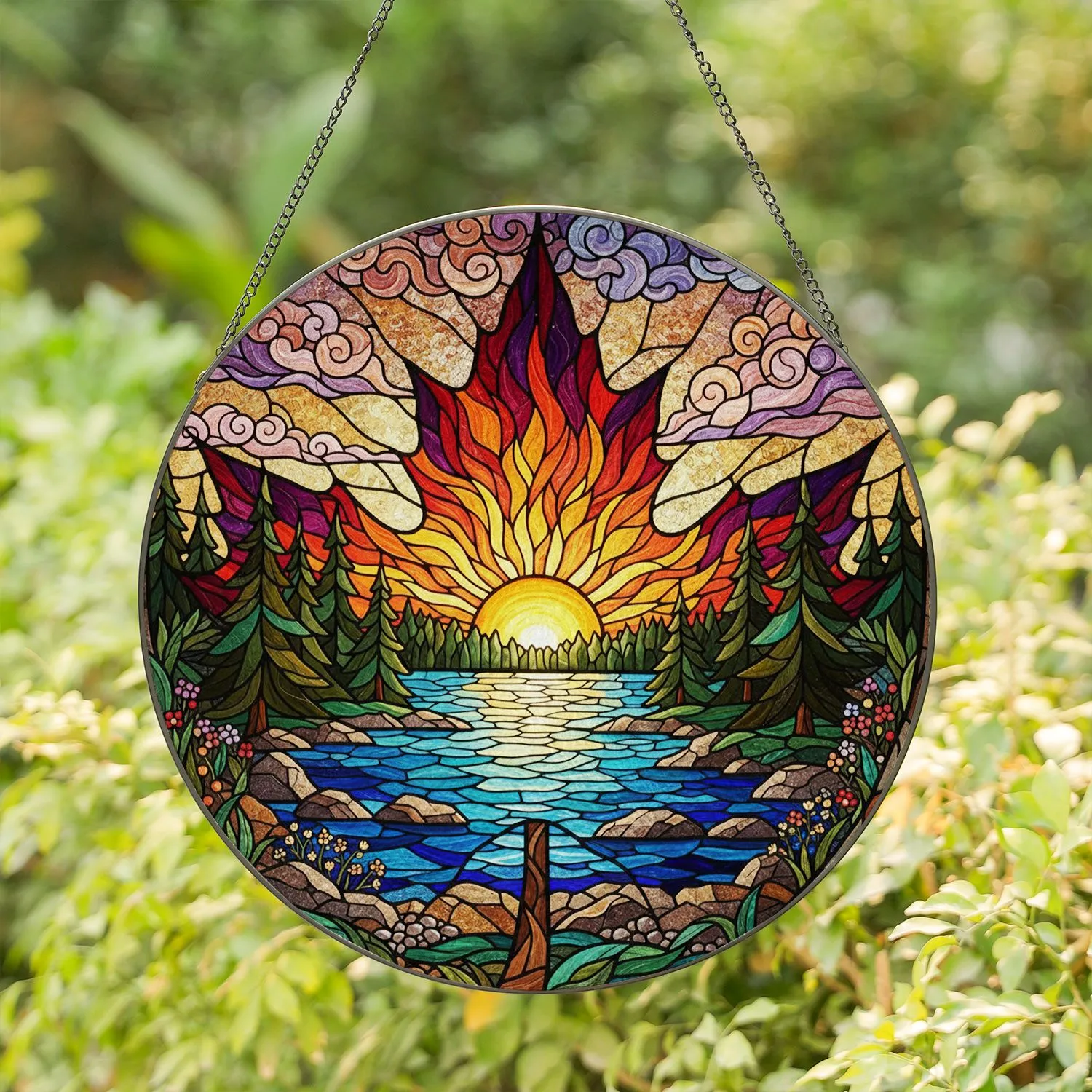Maple Leaf Forest Lake Sunset Sunrise Stained Glass - Colorful Intricate Tiffany Style Mosaic Stained Glass Suncatcher - 1