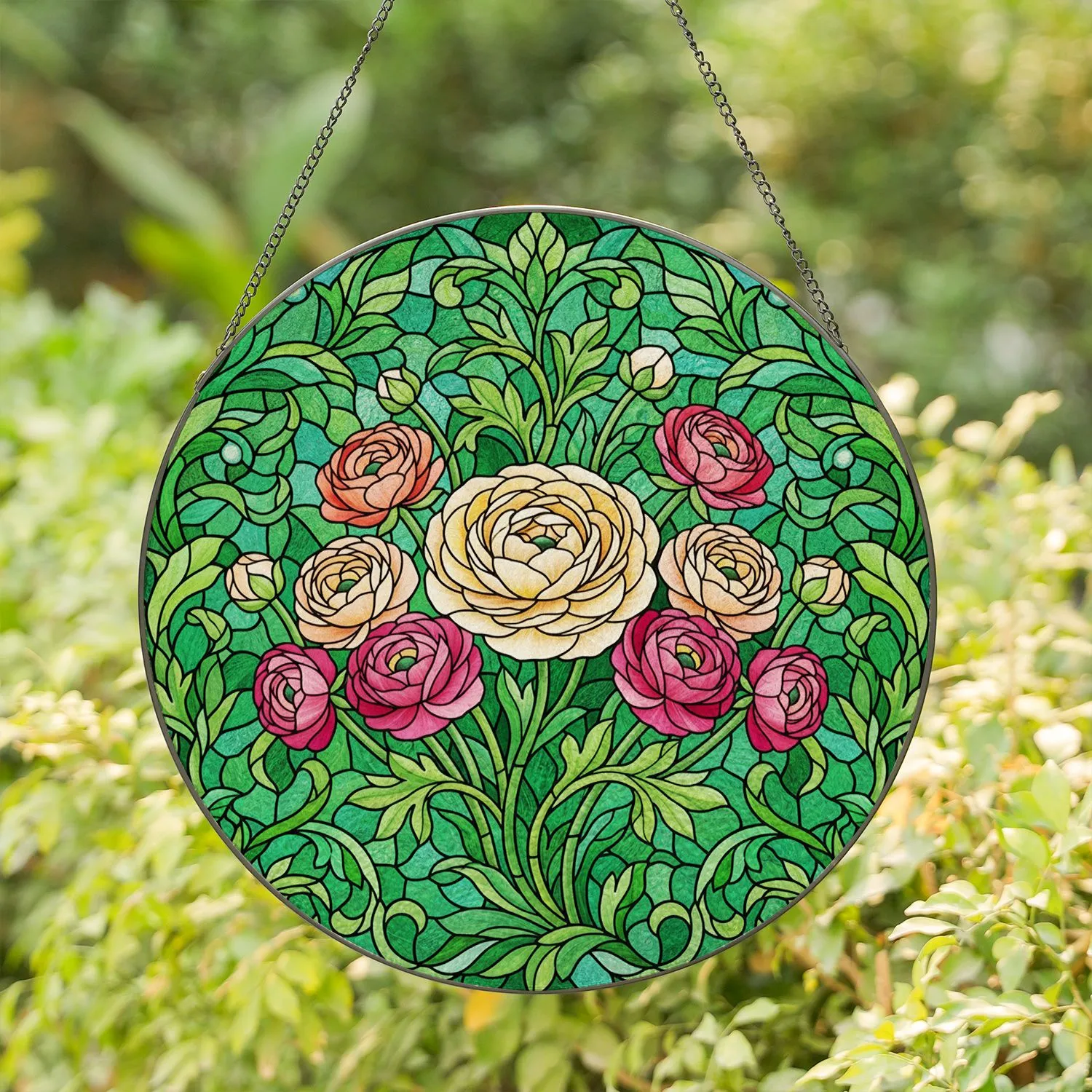 Ranunculus Flowers Stained Glass Mosaic - Tiffany Style Jewel Tone Botanical Art Decor Gift Stained Glass Suncatcher - 1