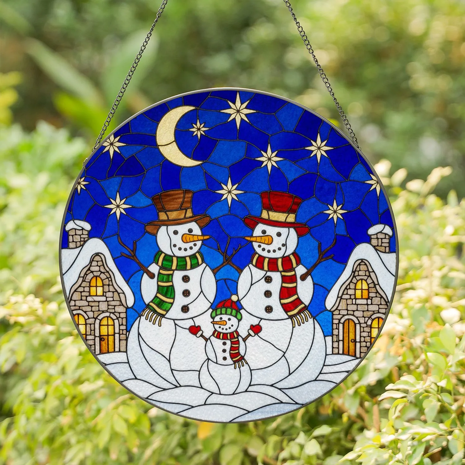 Family Snowmen Winter Night Sky Stained Glass - Snowy Cottages Holiday Home Decor Stained Glass Suncatcher - 1