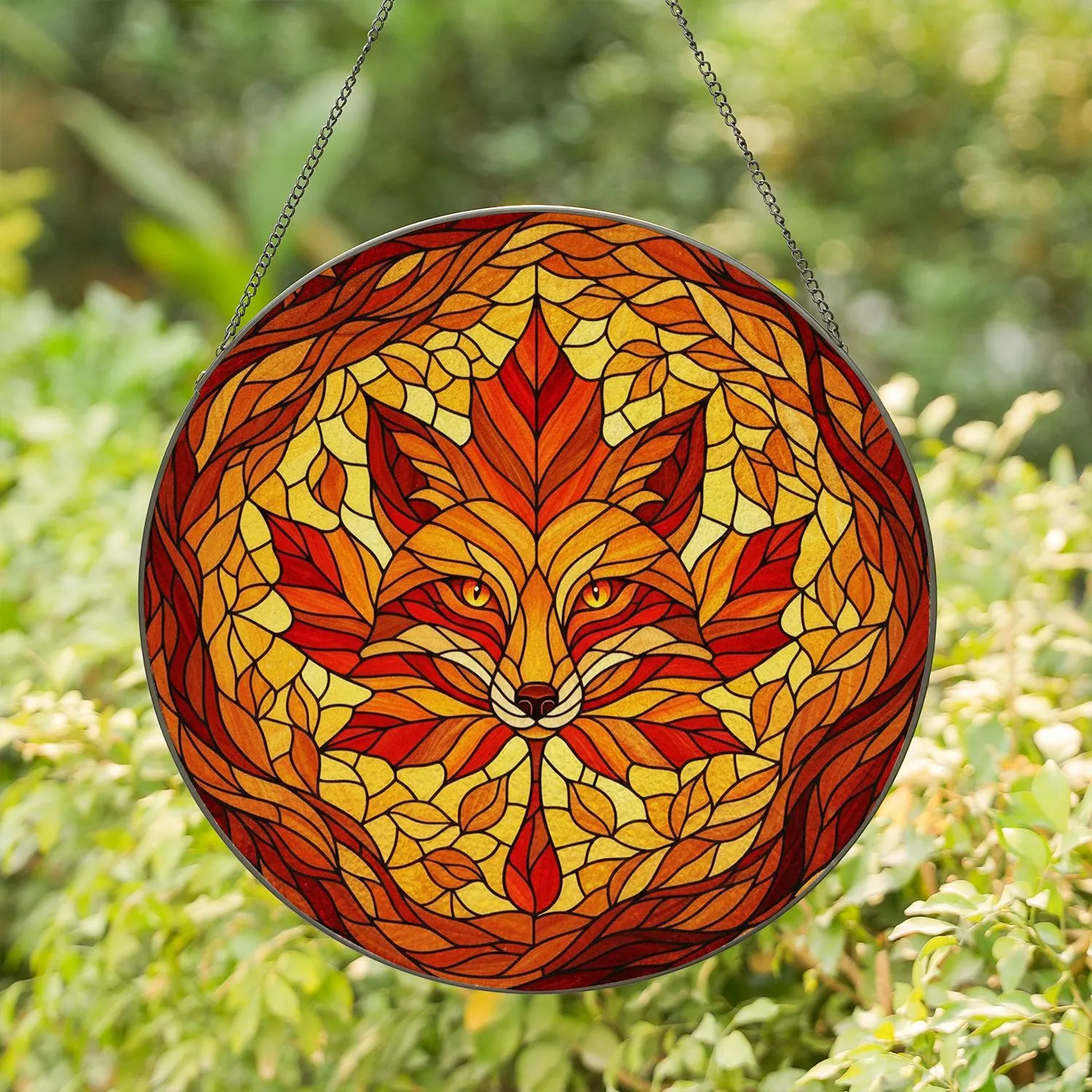 Glowing Tiffany Style Fox Maple Leaf Stained Glass Mosaic - Autumnal Window Decor Art Stained Glass Suncatcher - 1