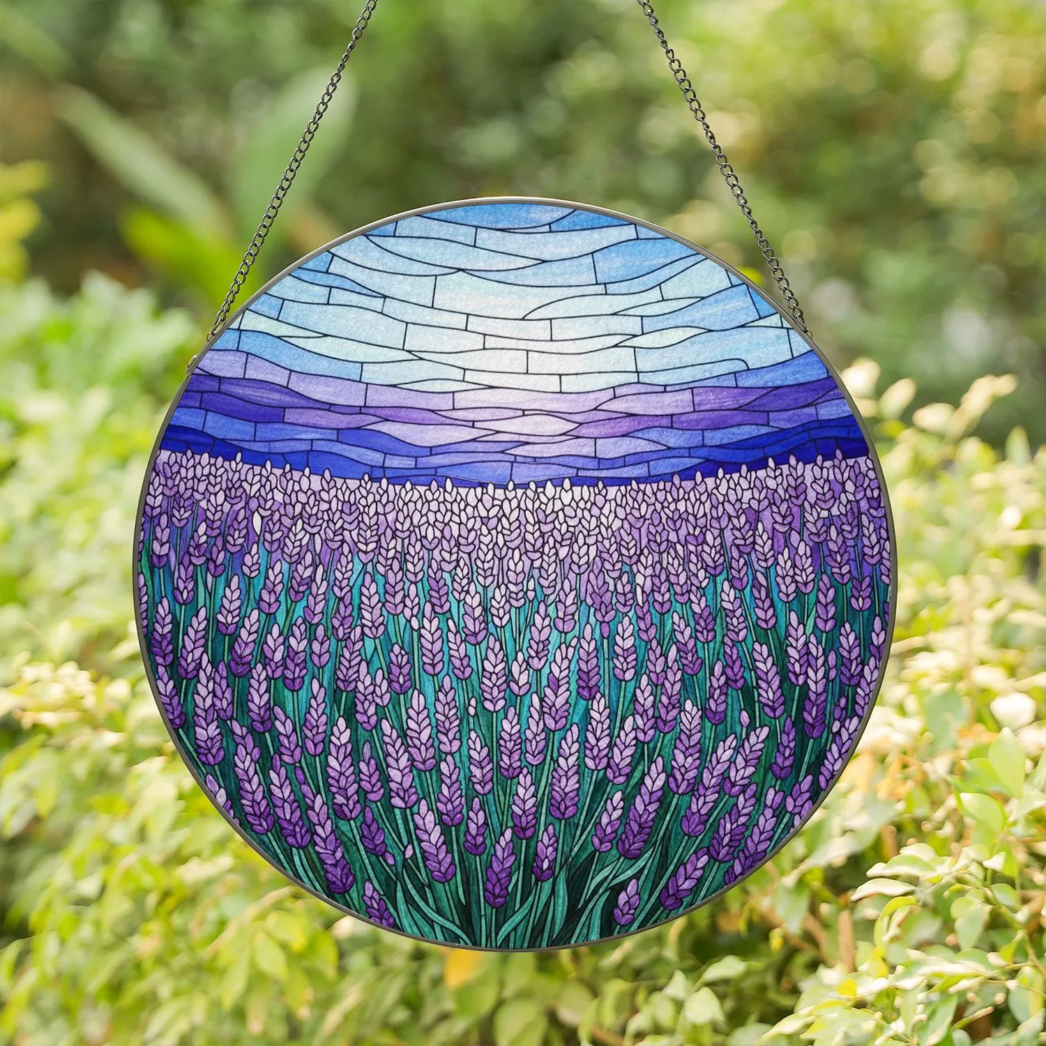 Tiffany Stained Glass Lavender Field Art - Purple Bloom & Blue Sky Window Decor Gift Stained Glass Suncatcher - 1
