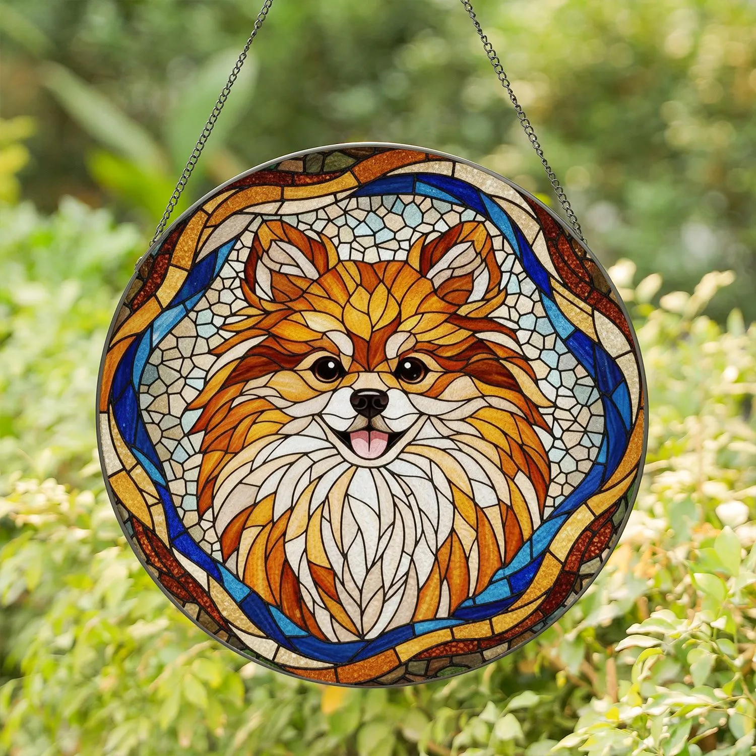 Fluffy Pomeranian Dog Stained Glass Tiffany Style Abstract Mosaic Art - Pet Lover Gift Stained Glass Suncatcher - 1