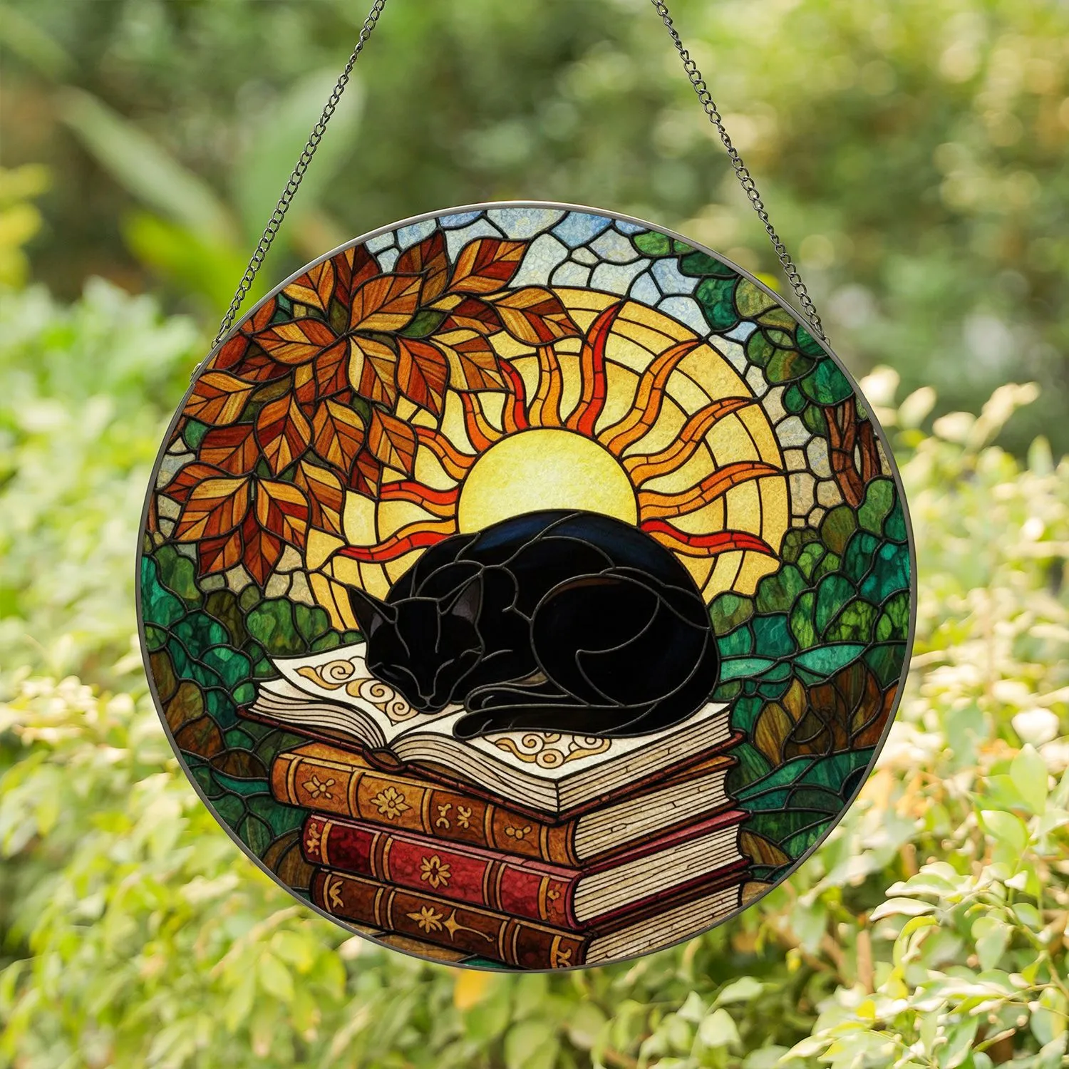 Black Cat Sleeping on Books Stained Glass Autumn Sun Window Decor for Cat Lovers Stained Glass Suncatcher - 1