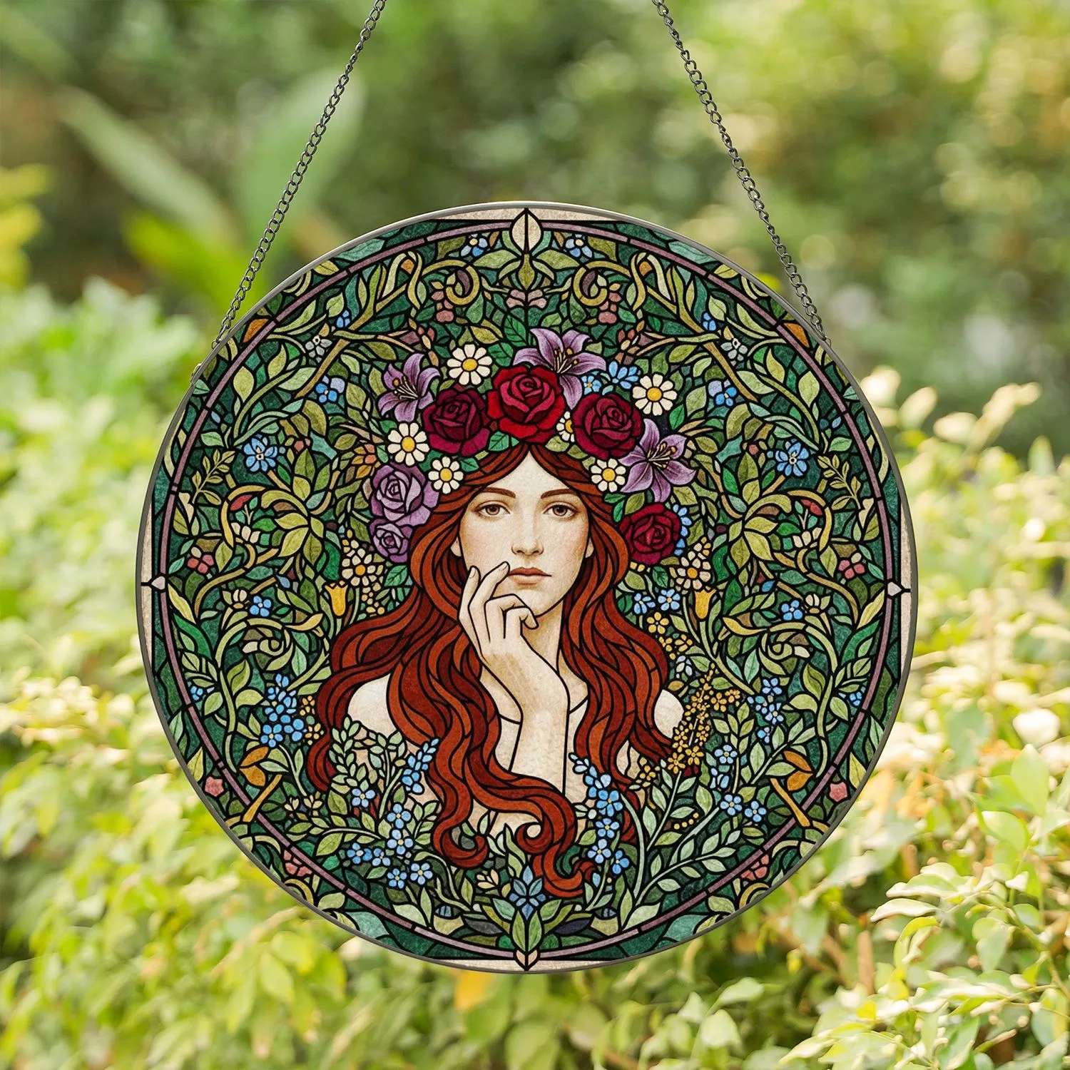 Highly Detailed Pensive Young Woman Floral Stained Glass Wreath - Secret Garden Mosaic Jewel Tones Stained Glass Suncatcher - 1