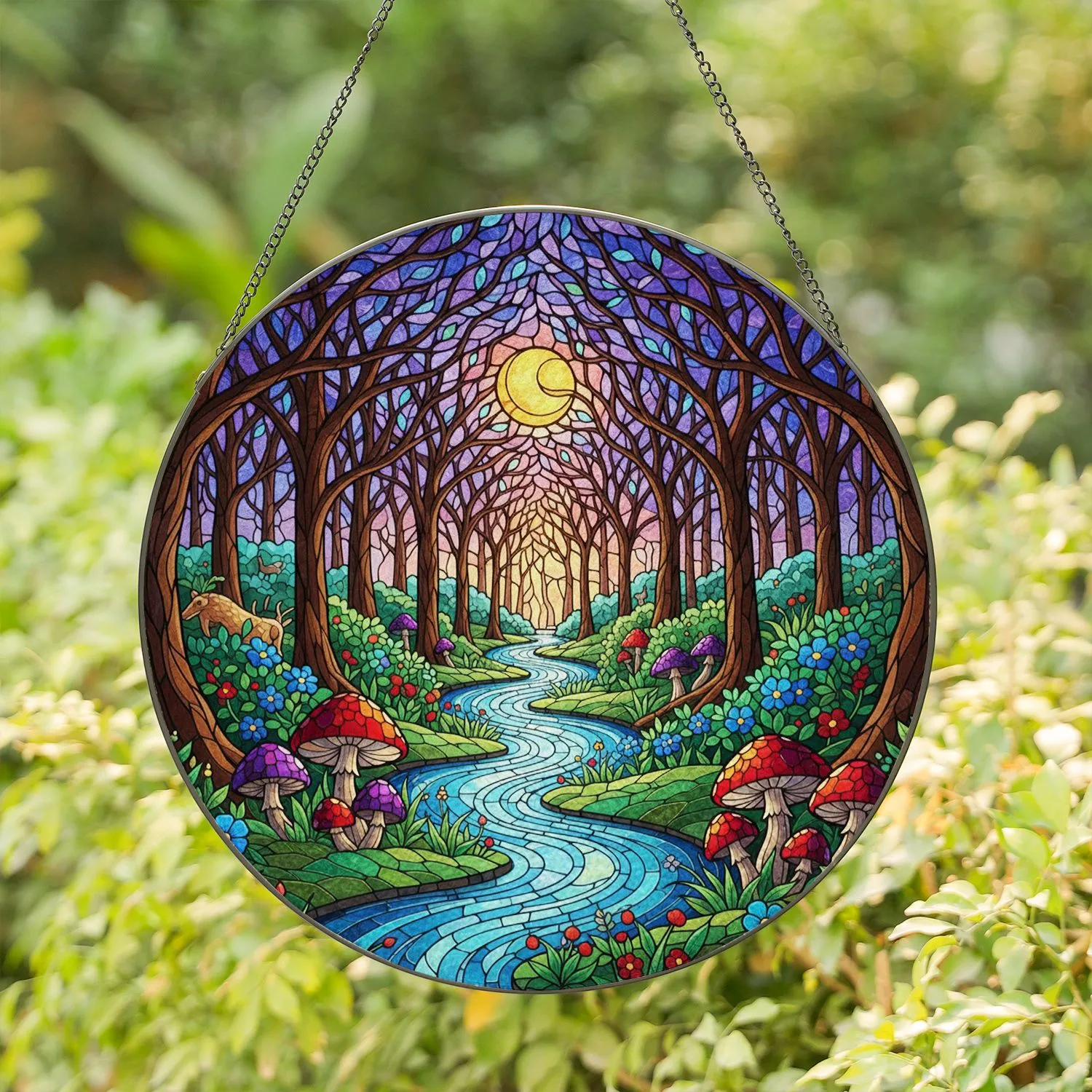 Tiffany Stained Glass River Forest & Fairy Mushrooms – Enchanted Jewel Tone Sun Art Stained Glass Suncatcher - 1
