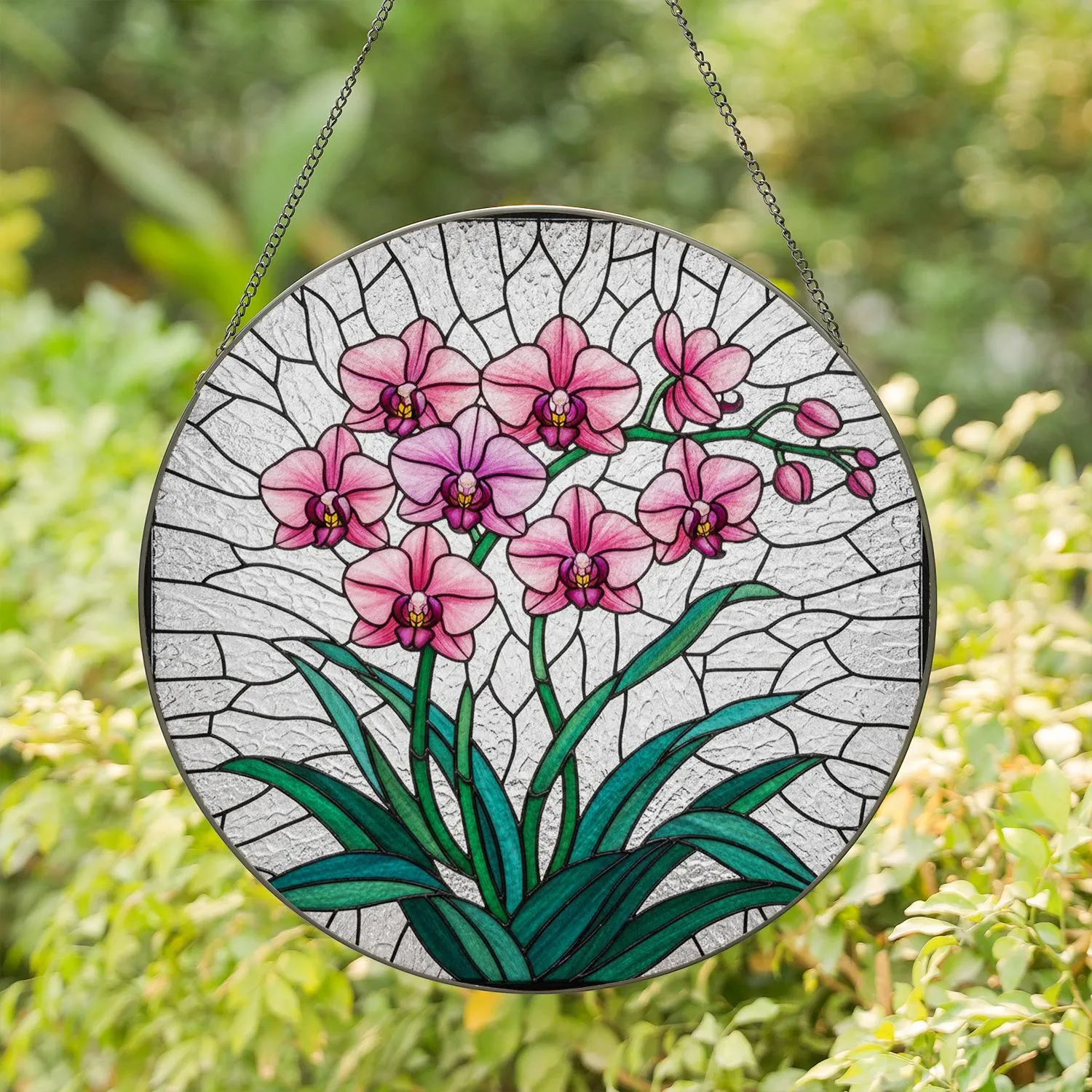 Stained Glass Orchid Flowers Pink Purple Fuchsia - Tiffany Style Mosaic Clear Glass Art Stained Glass Suncatcher - 1