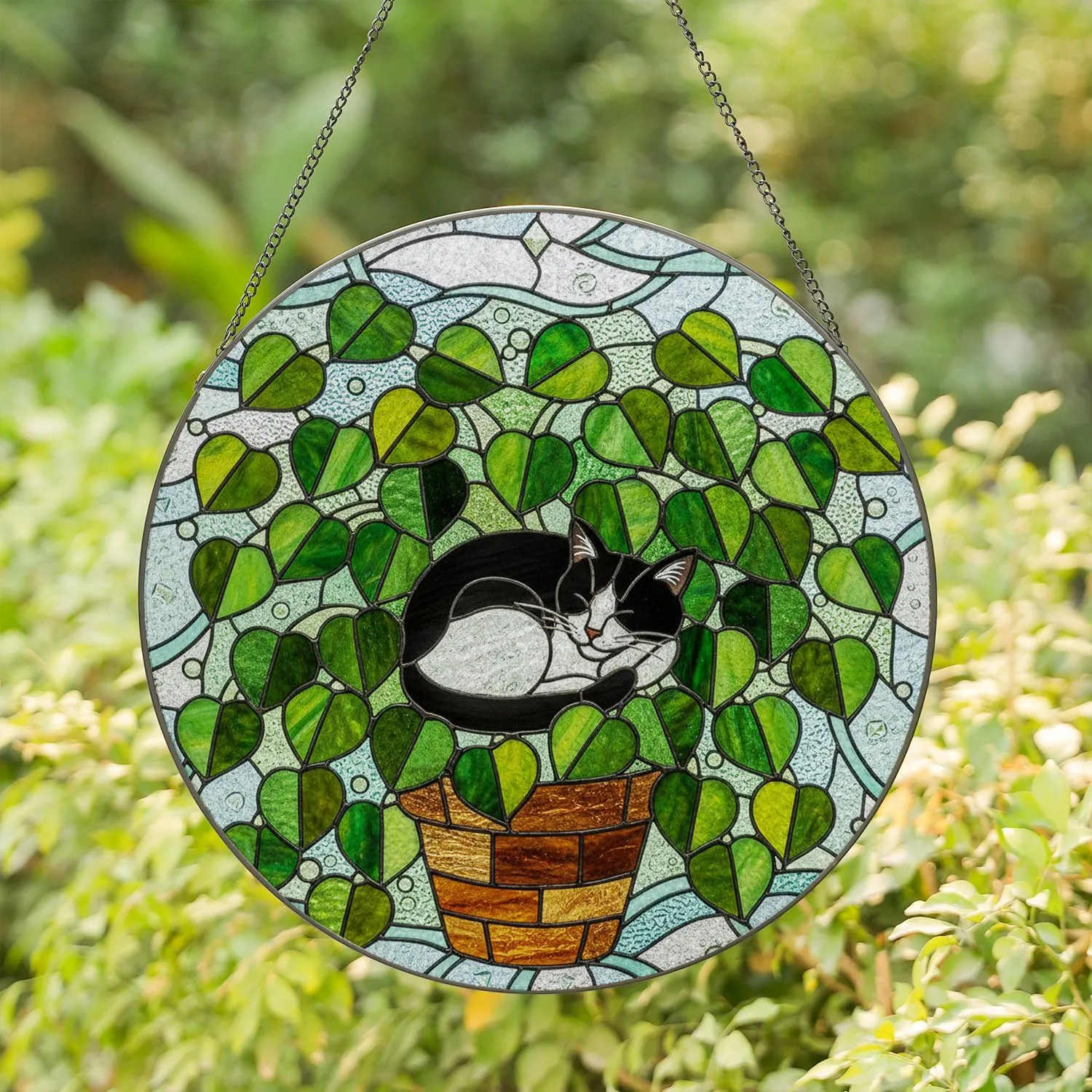 Black White Tuxedo Cat Sleeping Green Houseplant Brown Pot Tiffany Glass Mosaic Sky Stained Glass Suncatcher - 1
