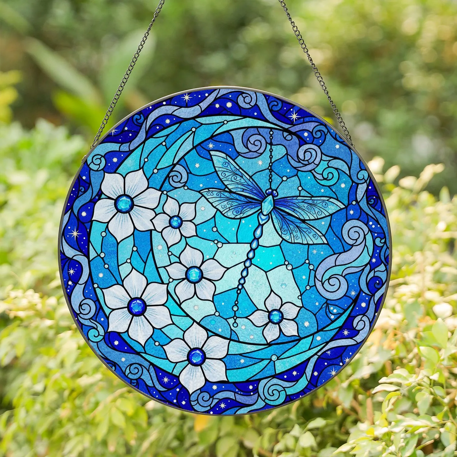 Highly Detailed Blue Aqua Stained Glass Crescent Moon Dragonfly Celestial Flowers Tiffany Stained Glass Suncatcher - 1