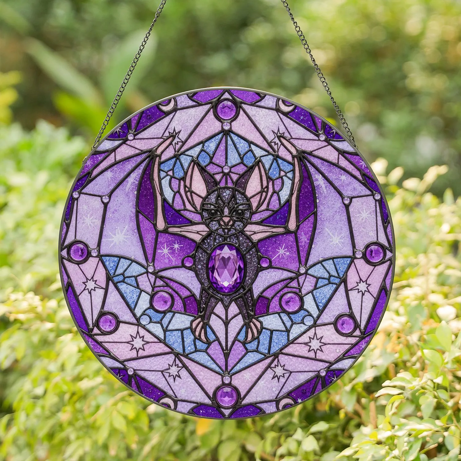 Stylized Stained Glass Bat Celestial Mosaic Tiffany Style Amethyst Jewel Purple Cabochons Stars Stained Glass Suncatcher - 1