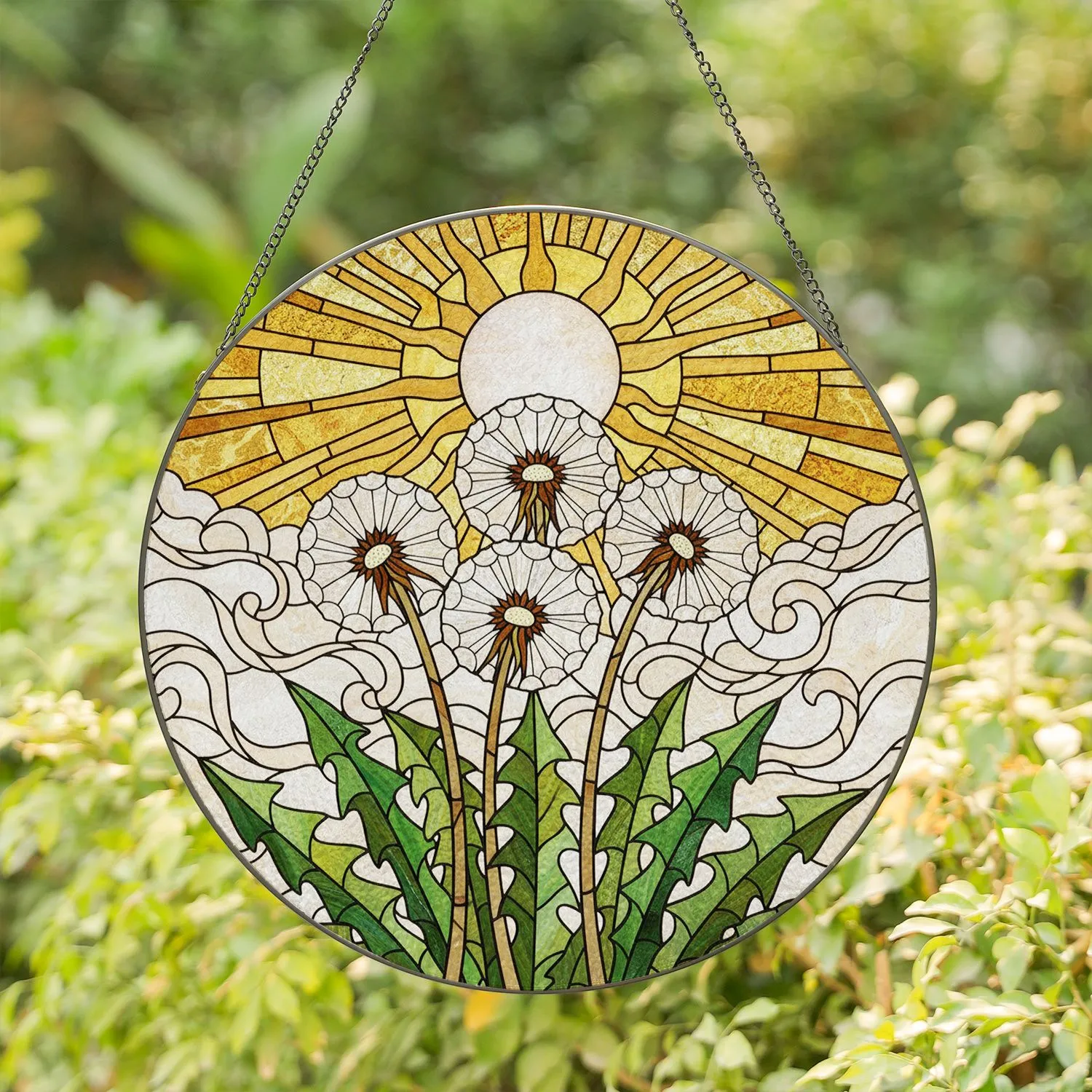 Tiffany Glass Dandelion Seed Heads, Green Leaves, Mosaic Sun Sky - Nature Window Decor Stained Glass Suncatcher - 1