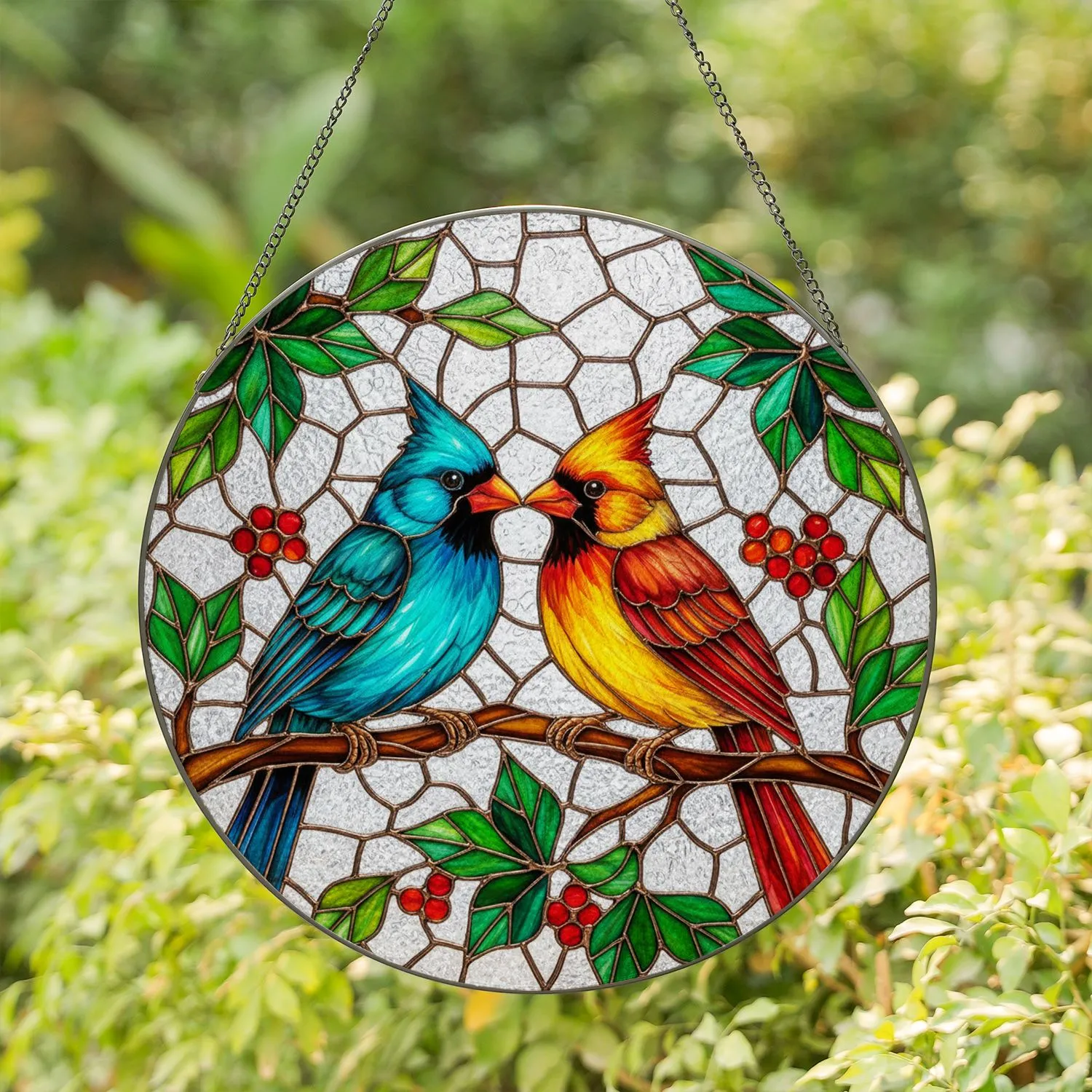 Cardinals Stained Glass Mosaic - Tiffany Art Bird Couple Berries Home Decor Gift Stained Glass Suncatcher - 1