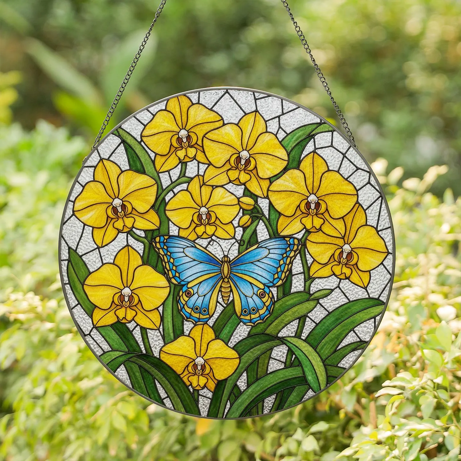 Blue Yellow Butterfly Orchid Lush Green Tiffany Stained Glass Mosaic Jewel Tones Stained Glass Suncatcher - 1