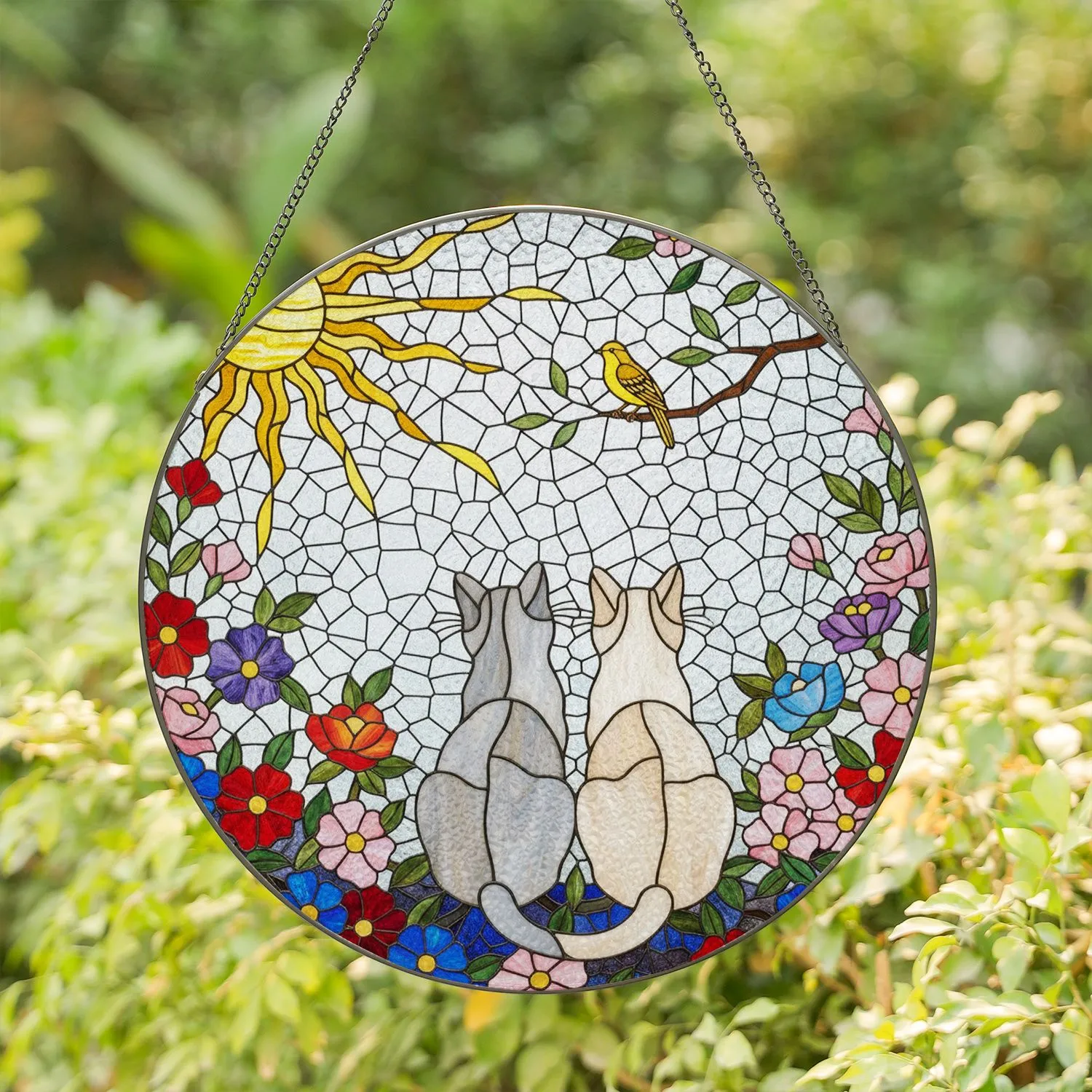 Stained Glass Grey Cream Cats Yellow Bird Sun - Glowing Tiffany Jewel Tone Mosaic Stained Glass Suncatcher - 1