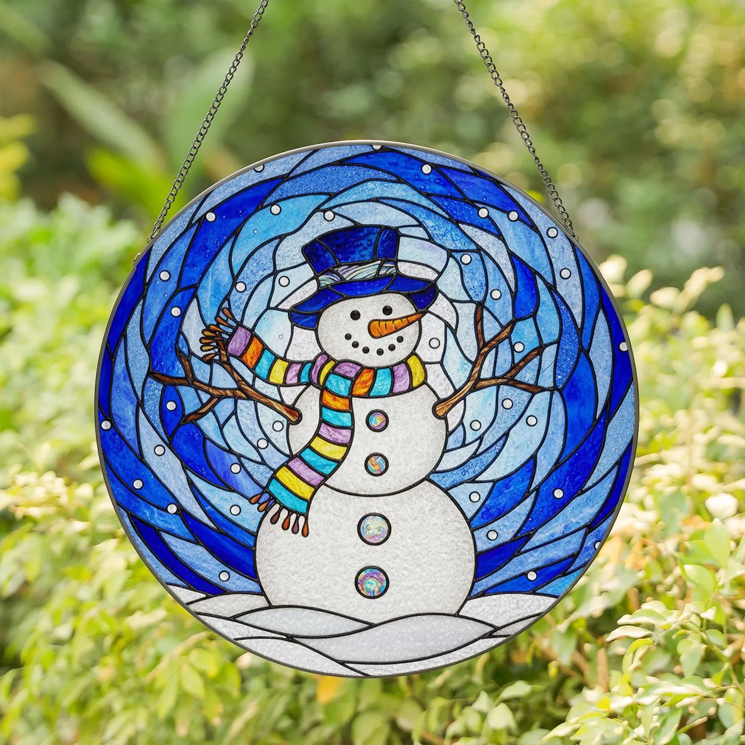 Cheerful Snowman Stained Glass Winter Sky Mosaic Home Decor - Holiday Christmas Season Gift Stained Glass Suncatcher - 1