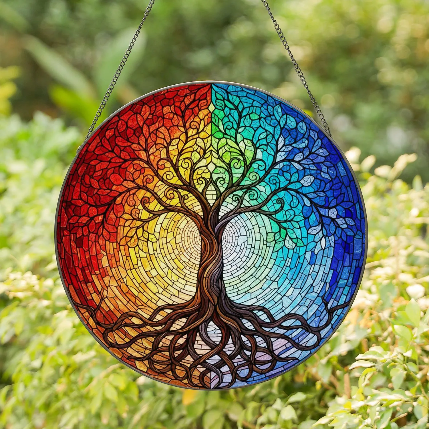 Tree of Life Stained Glass Mosaic Seasonal Colors Tiffany Style Jewel Tone Design Stained Glass Suncatcher - 1