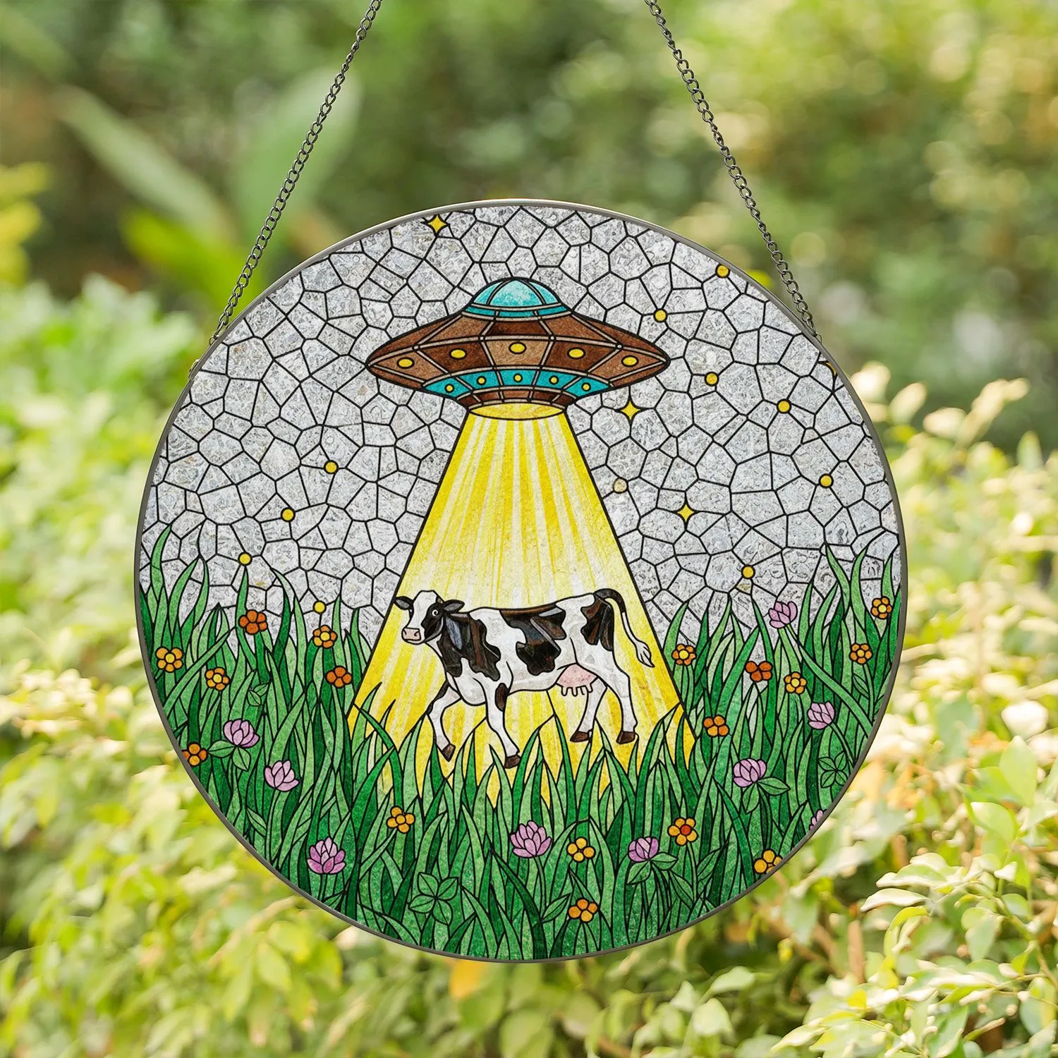 UFO Holstein Cow Abduction Stained Glass - Tiffany Style Alien Field Meadow Mosaic Stained Glass Suncatcher - 1