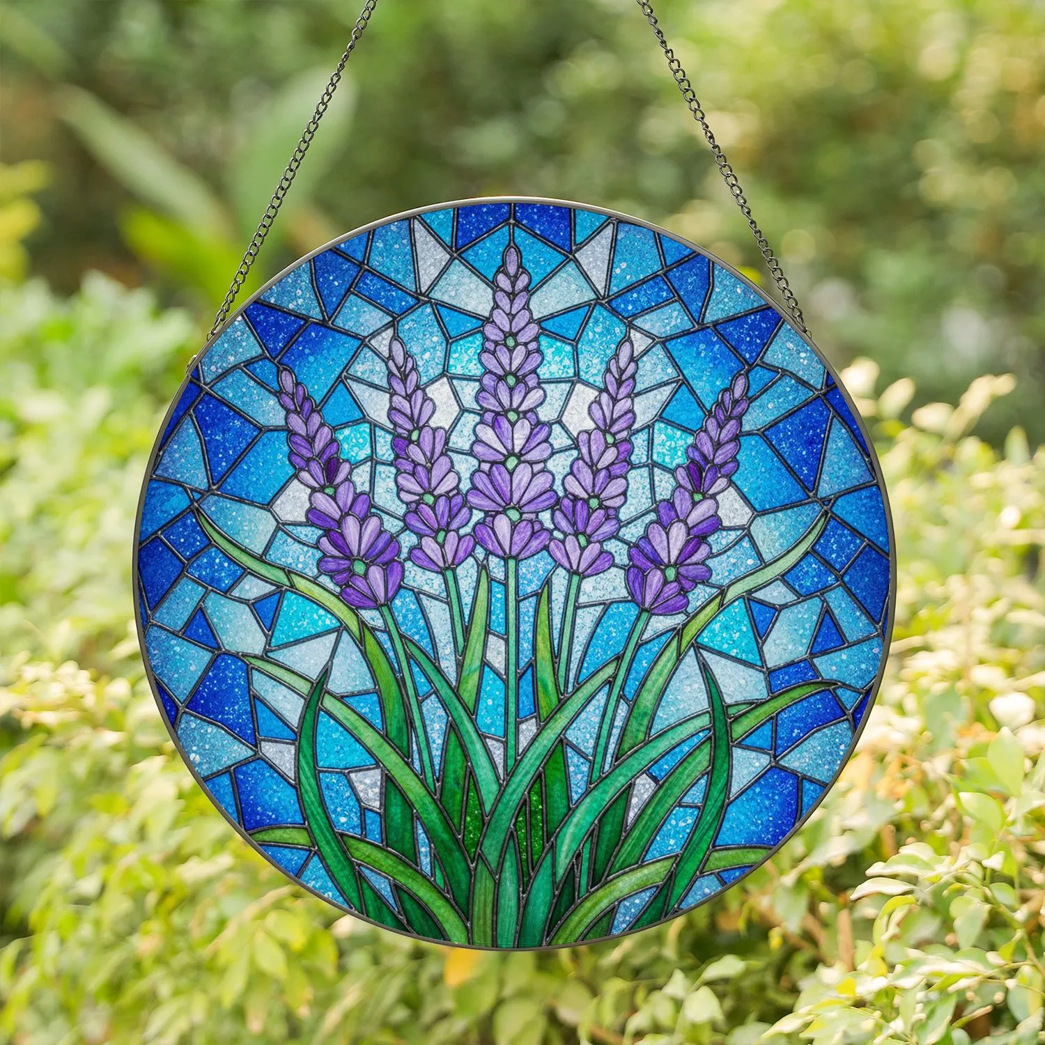 Lavender Flower Stained Glass Mosaic - Tiffany Style Jewel Tones Geometric Floral Art Stained Glass Suncatcher - 1